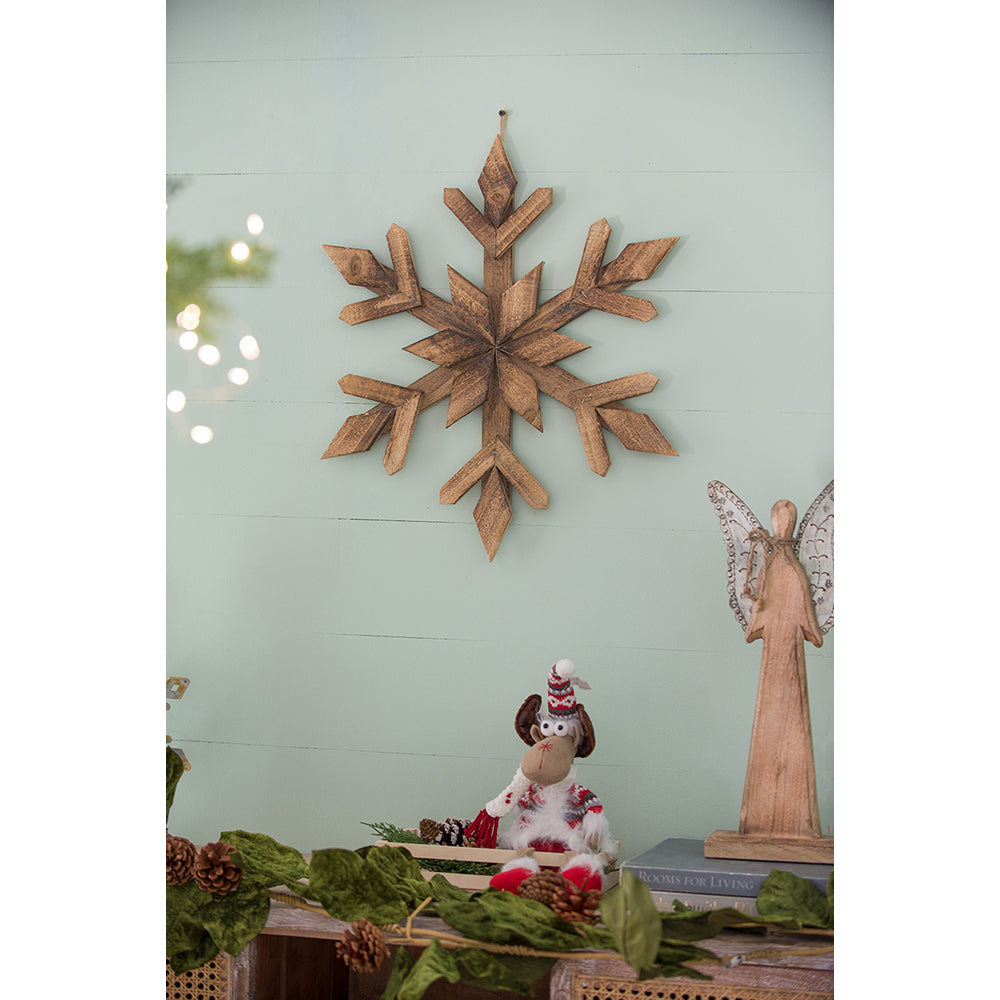 Rustic wooden snowflake wall decor natural wood tones geometric design for winter holidays