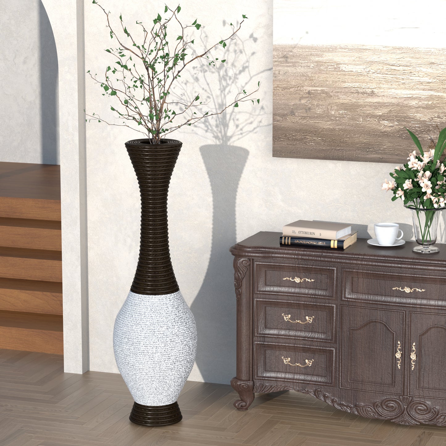 Tall elegant dark brown and white textured vase holding a green plant