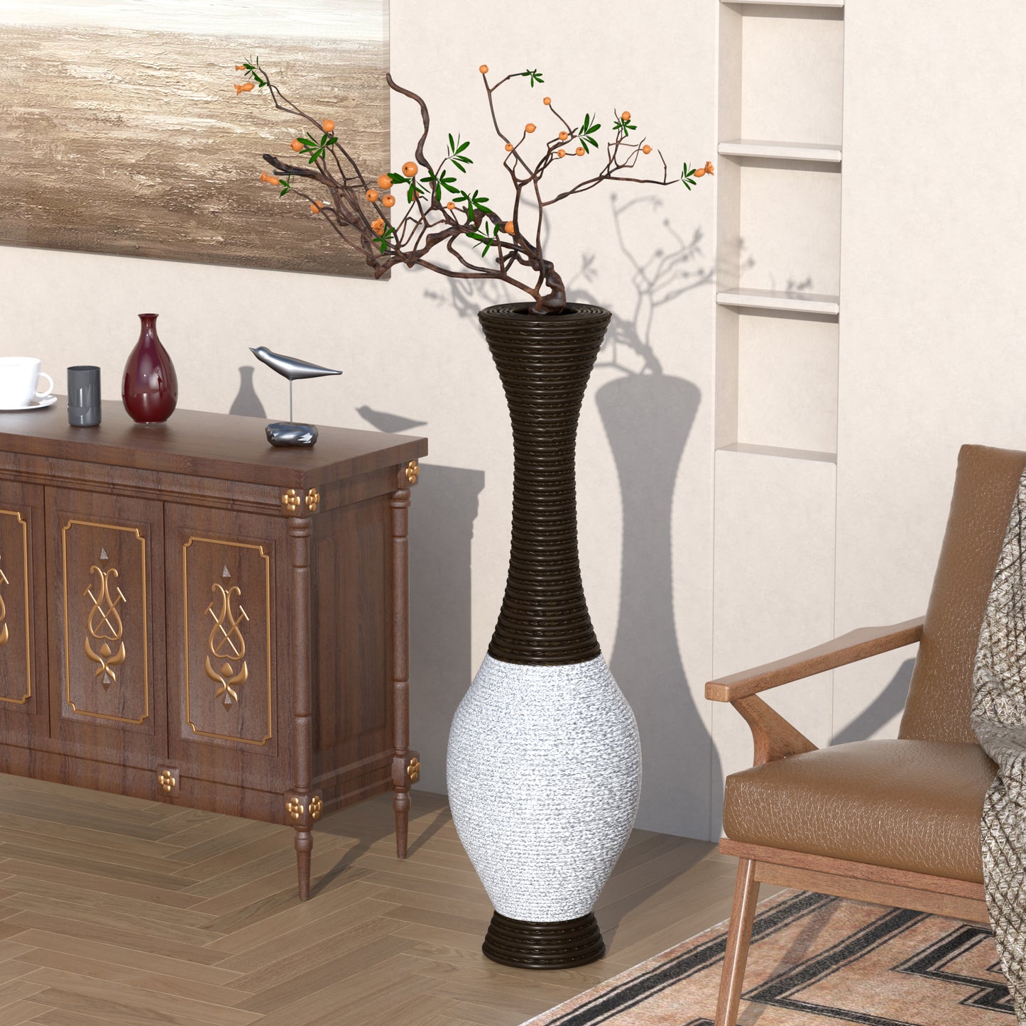 Tall ribbed dark brown and white ceramic floor vase with organic branches and orange berries