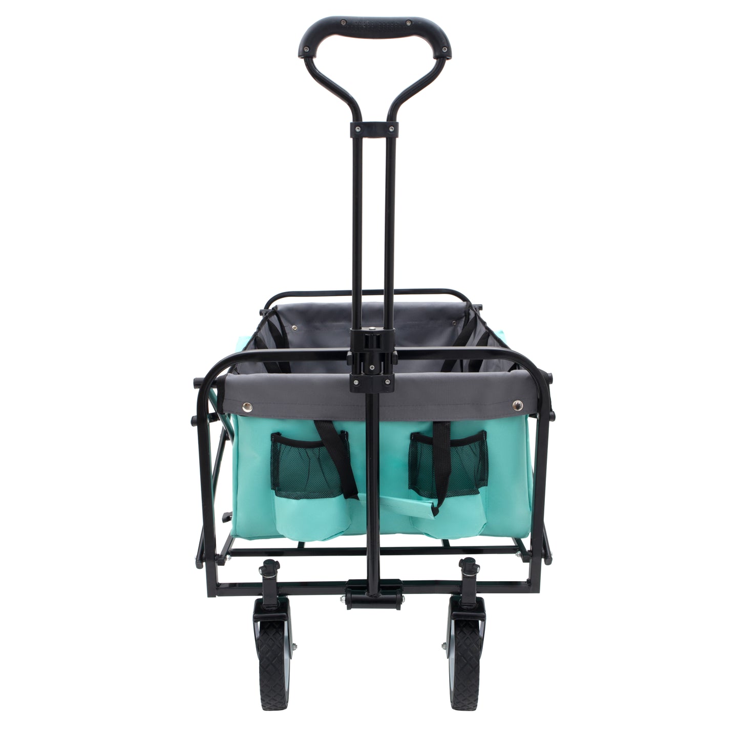Teal folding wagon with black frame and telescoping handle featuring dual mesh pockets for easy storage