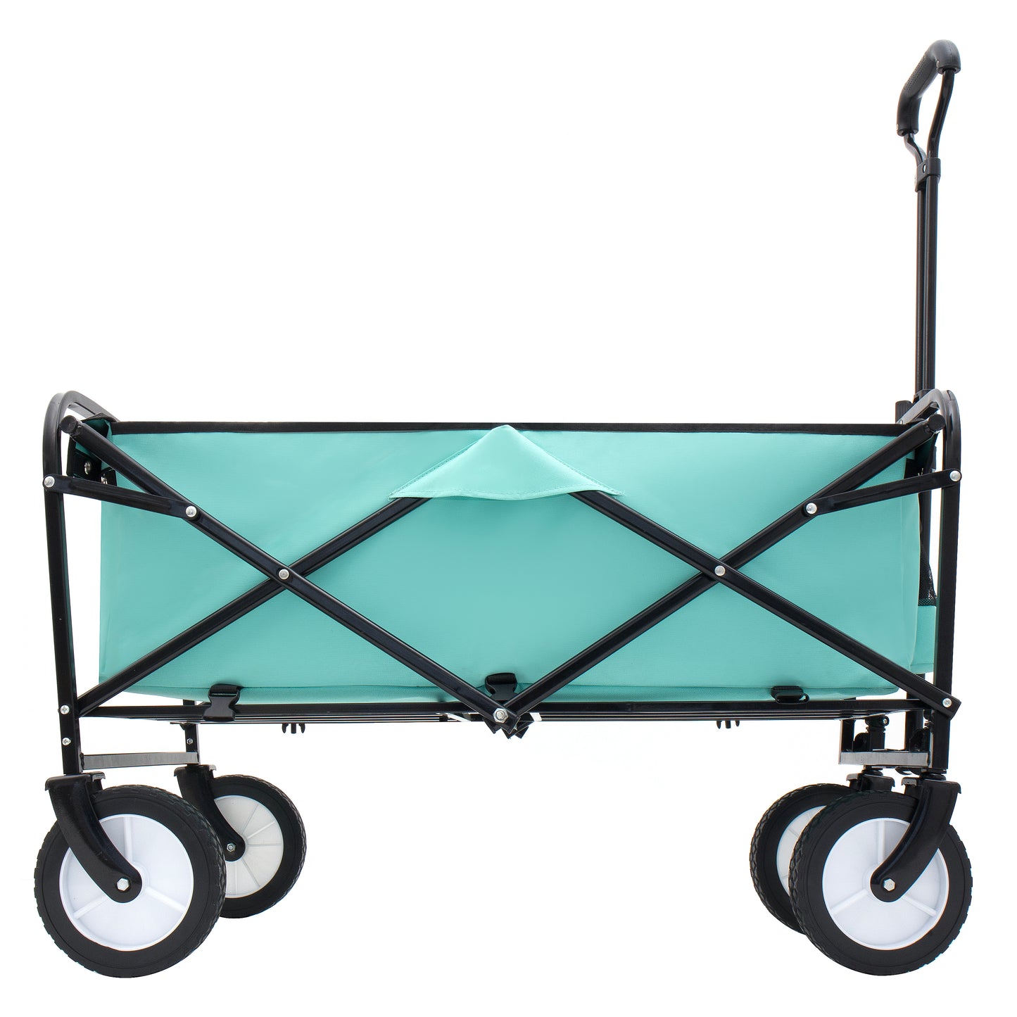 Teal folding wagon with black frame and wheels for beach trips and camping