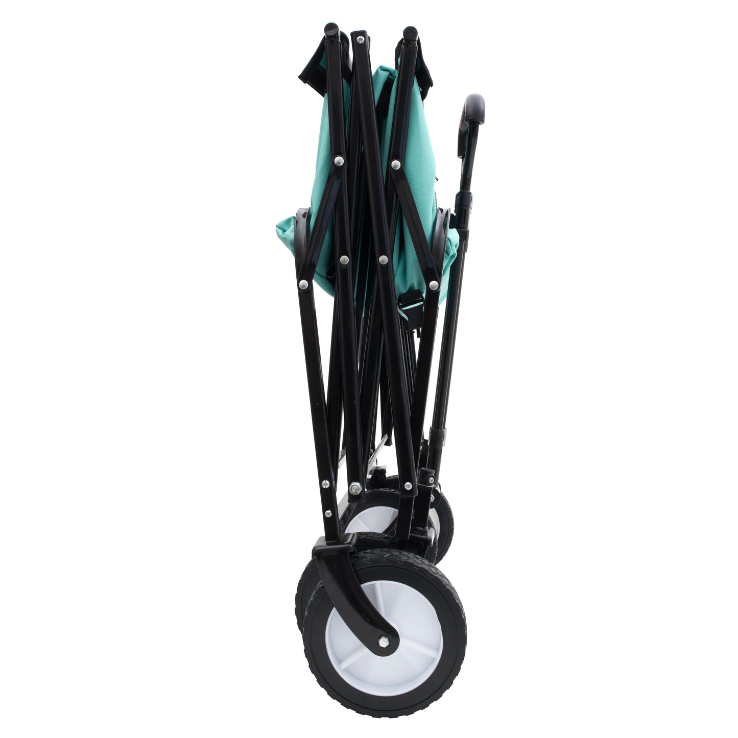 Teal foldable wagon with black frame and wheels collapsed for storage