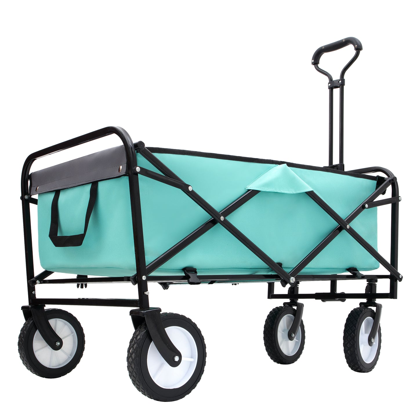 Turquoise folding wagon with black frame and wheels perfect for outdoor hauling