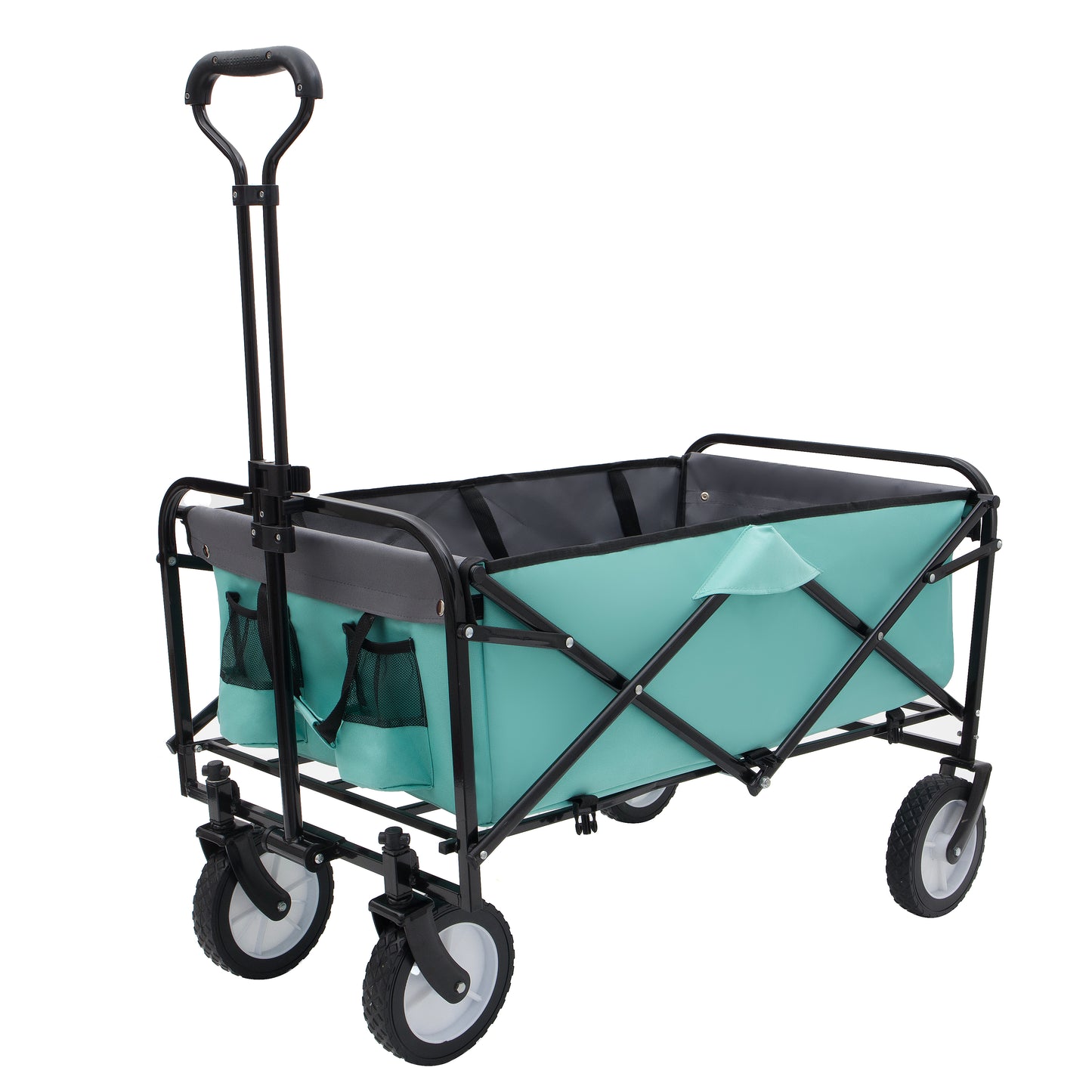Teal folding wagon with black frame and adjustable handle for easy transport outdoors