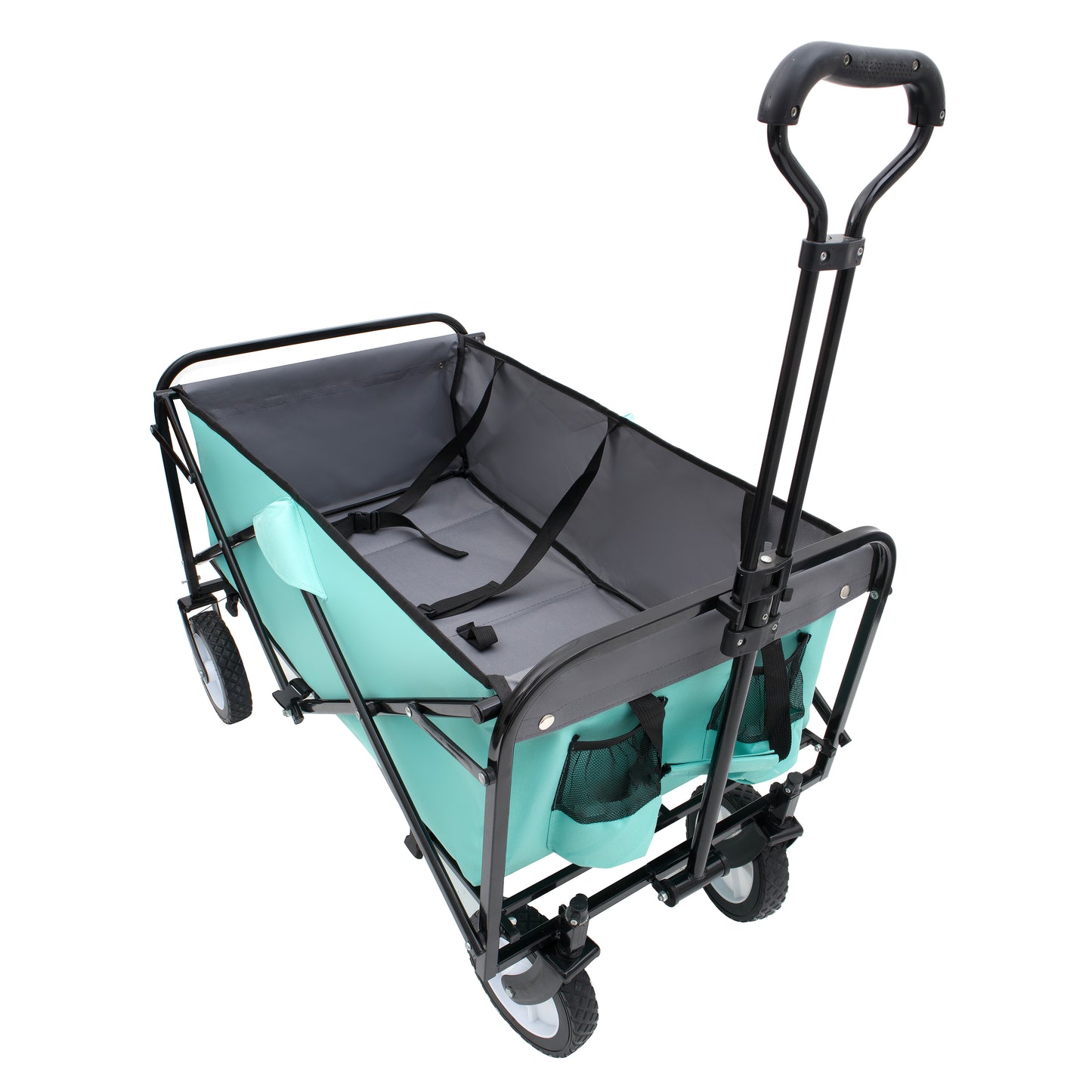 Aqua blue collapsible wagon with black frame and handle featuring adjustable straps