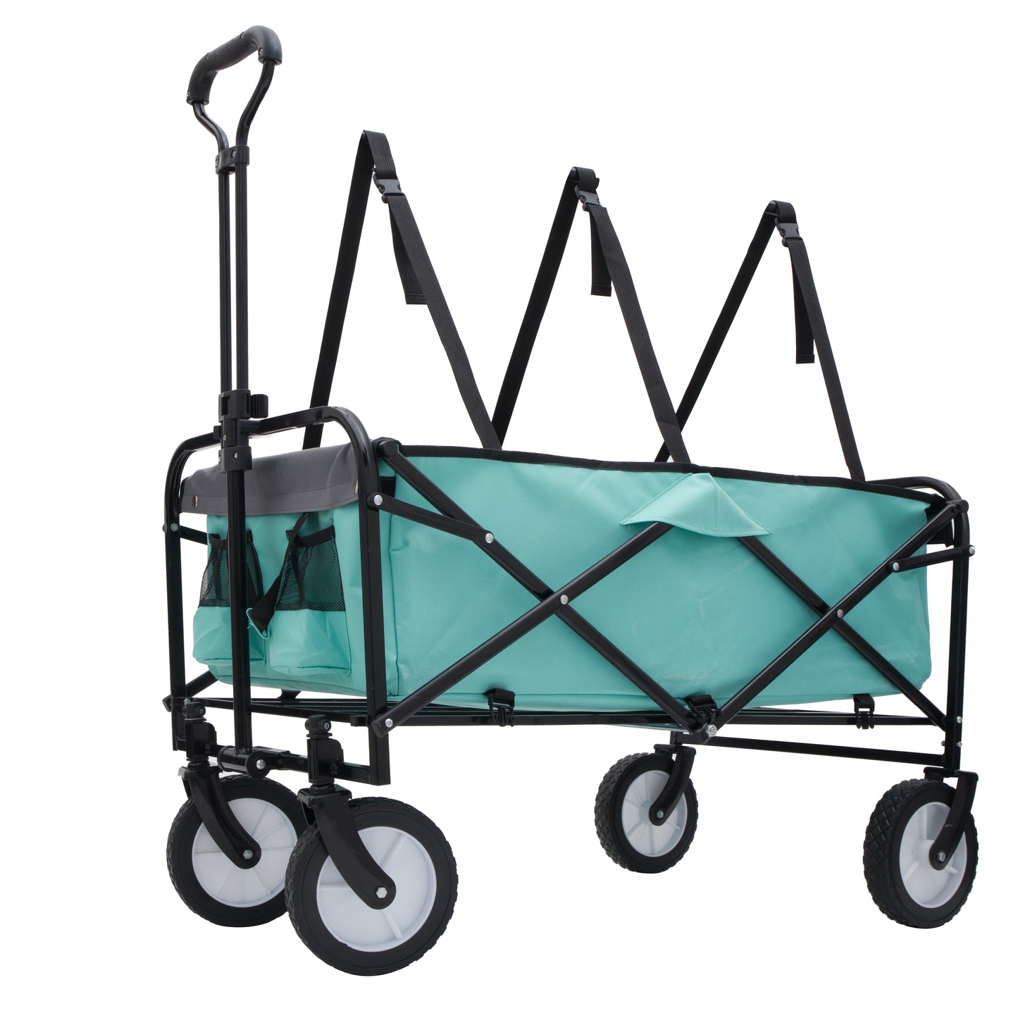 Teal collapsible wagon with telescoping handle and side mesh pockets for outdoor use