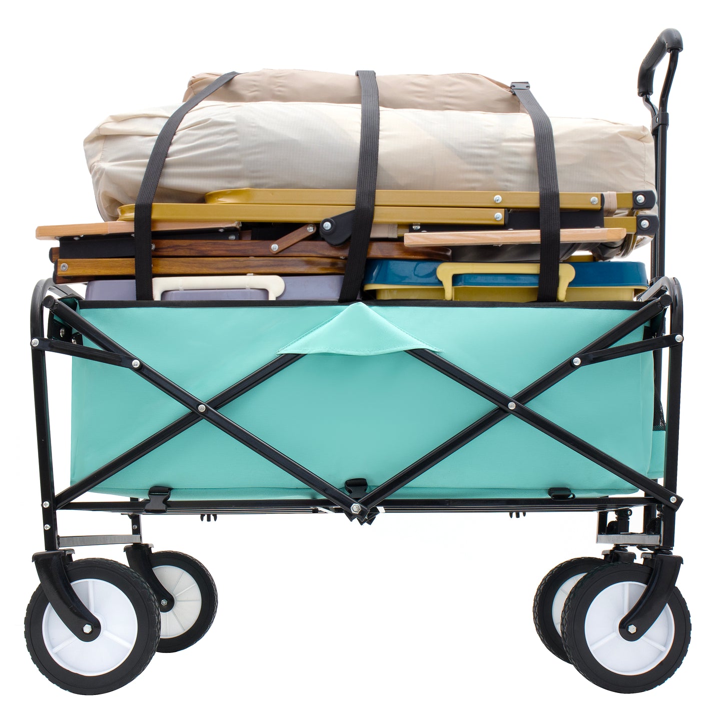 Aqua folding wagon loaded with camping chairs and a tent perfect for outdoor adventures