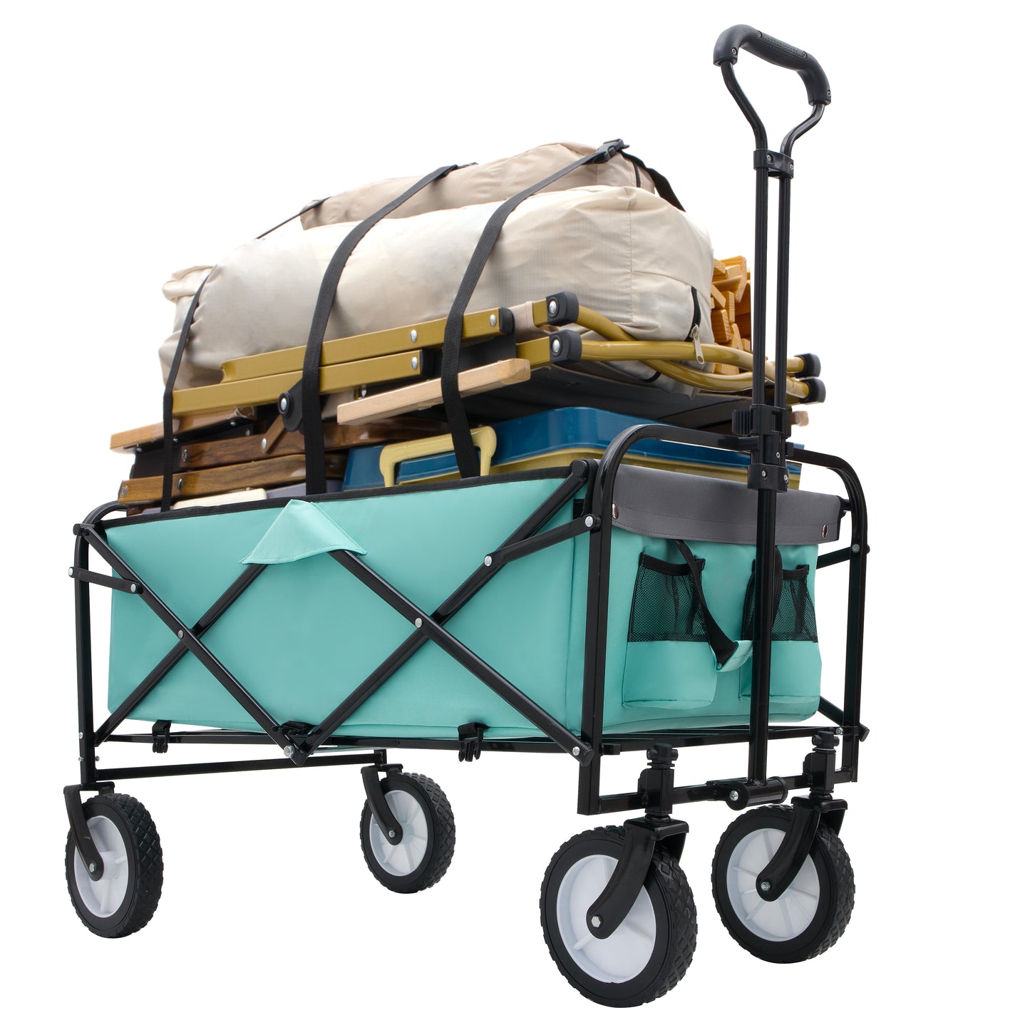 Aqua canvas folding wagon loaded with folded chairs and a beige tent for outdoor transport