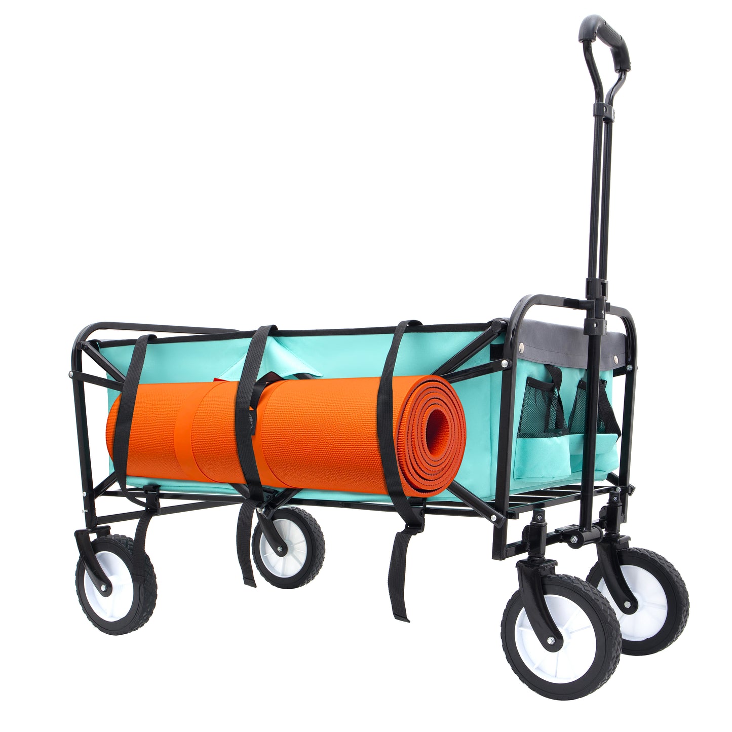 Teal camping wagon with orange yoga mat secured by black straps for outdoor adventures