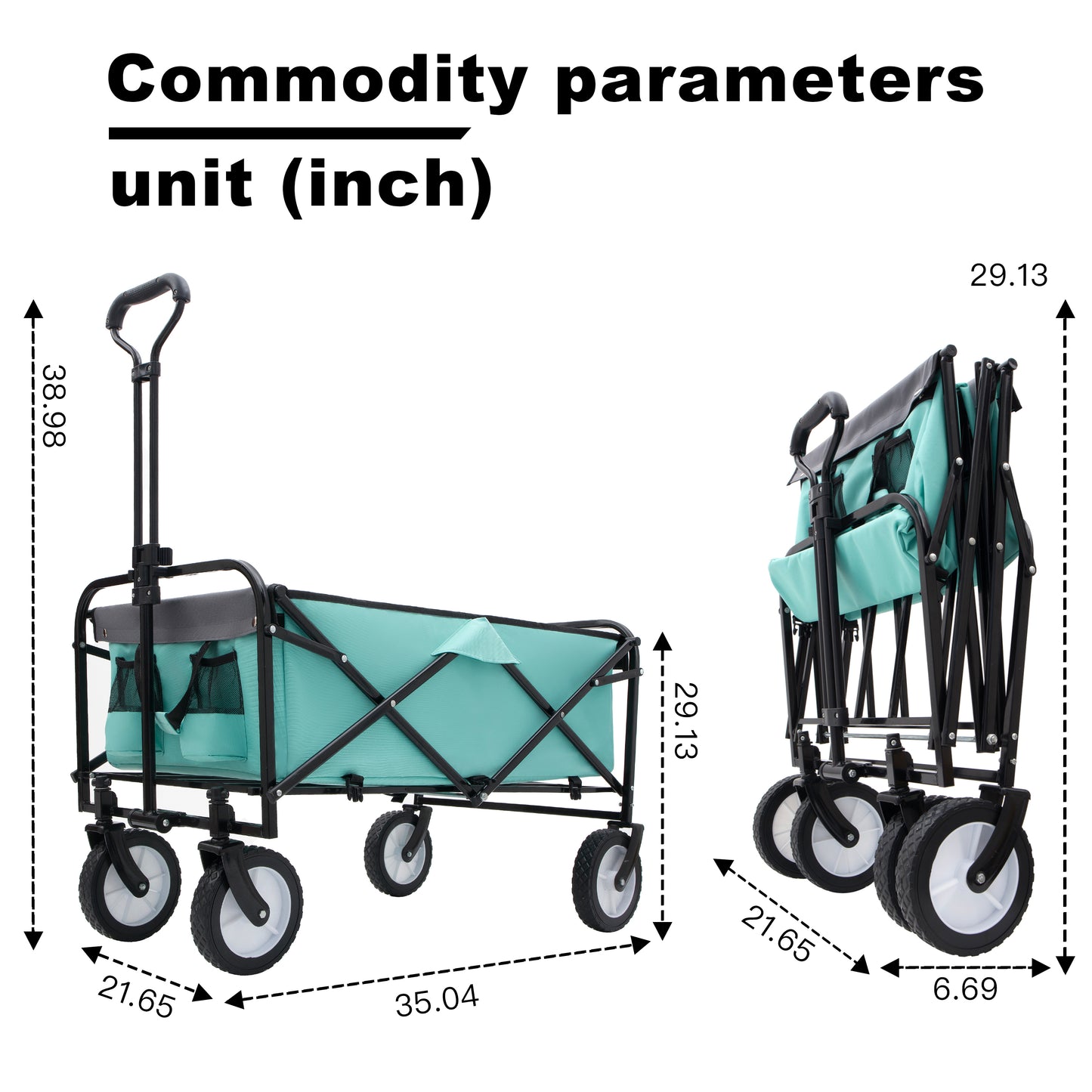 Open teal collapsible wagon with black frame and wheels featuring storage pockets and dimensions