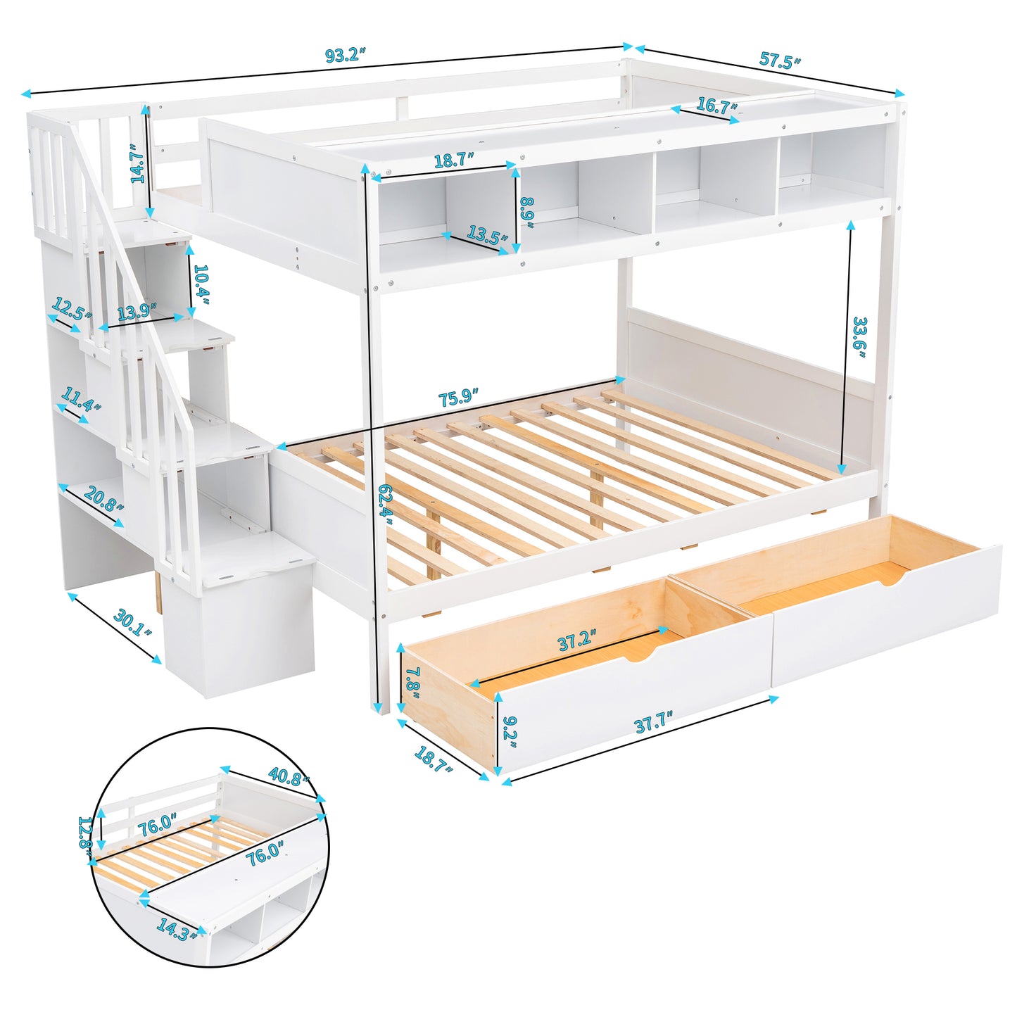 White twin over twin bunk bed with stairs and storage drawers