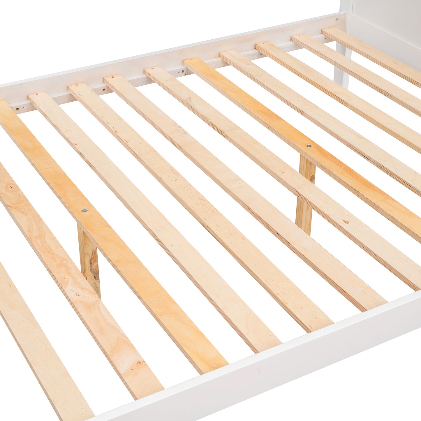 White wooden bed frame with natural wood slats