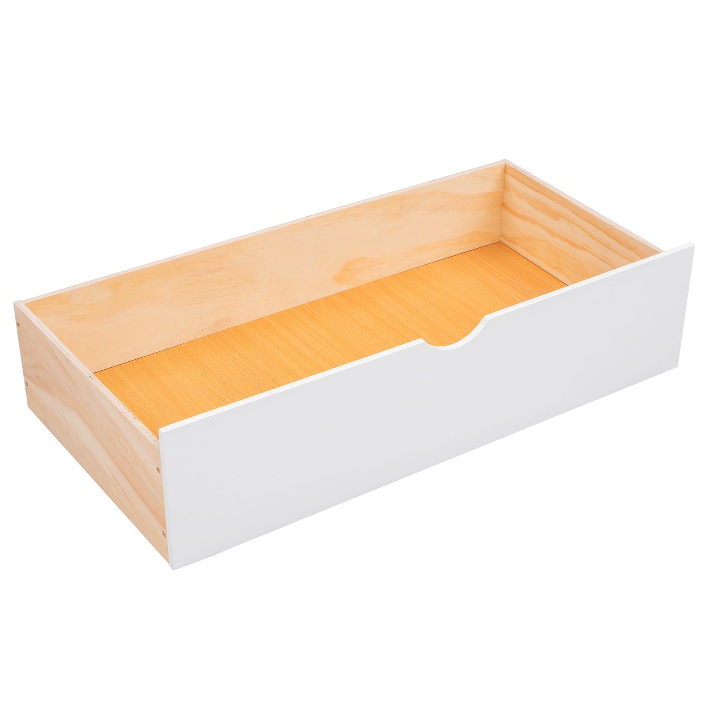 White painted wood drawer with natural pine sides and orange textured base