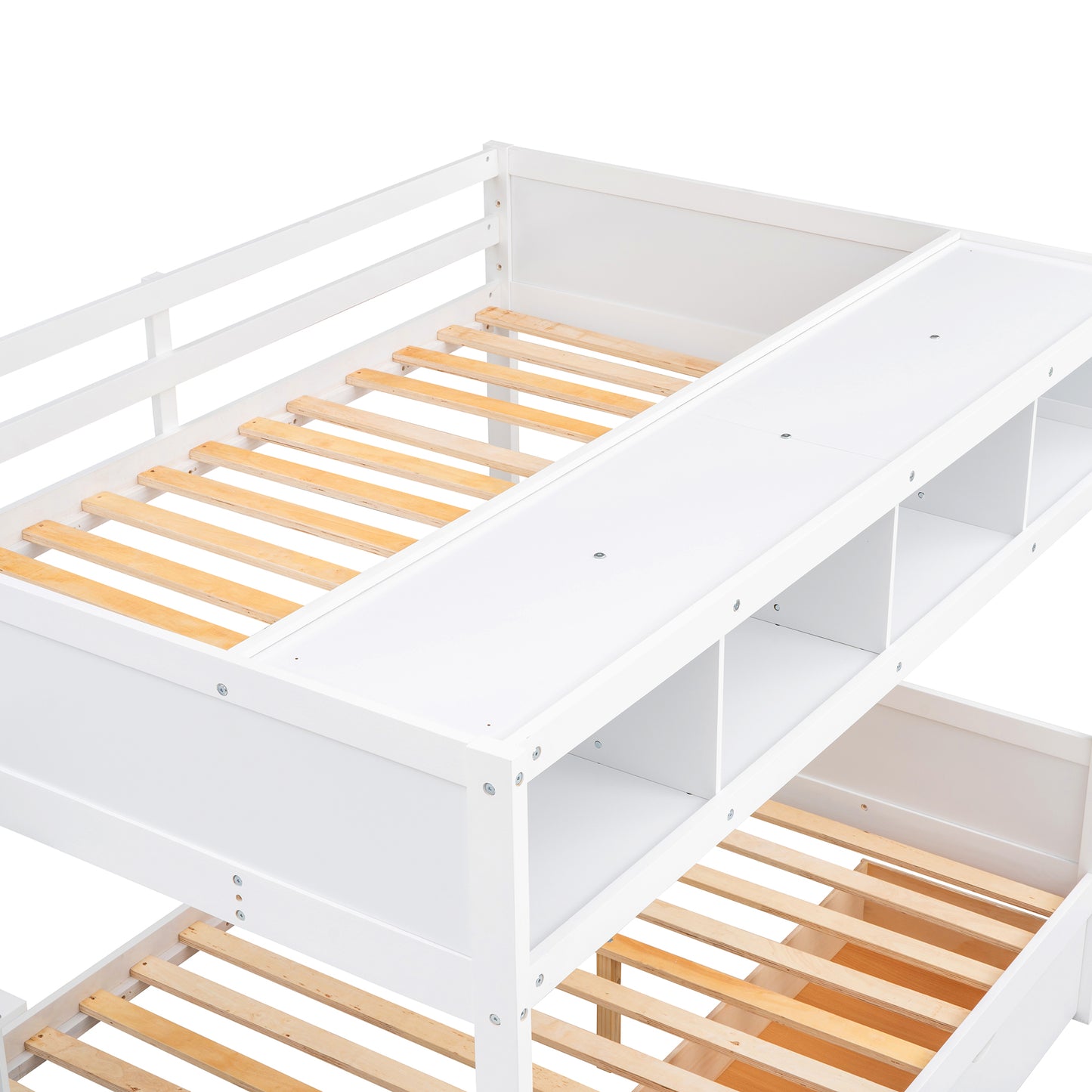 White twin over twin bunk bed with integrated storage shelves