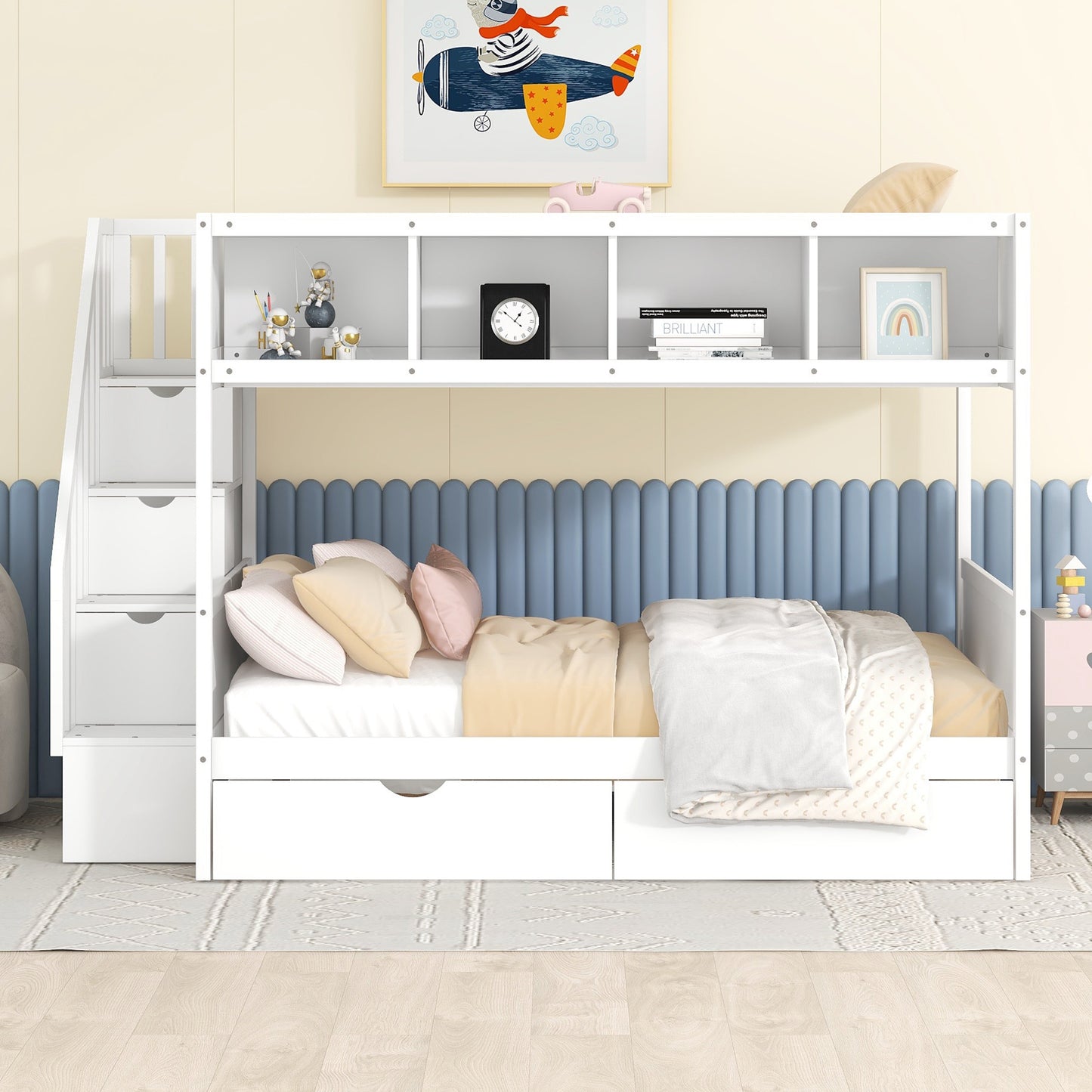 White wooden bunk bed with drawers and integrated ladder