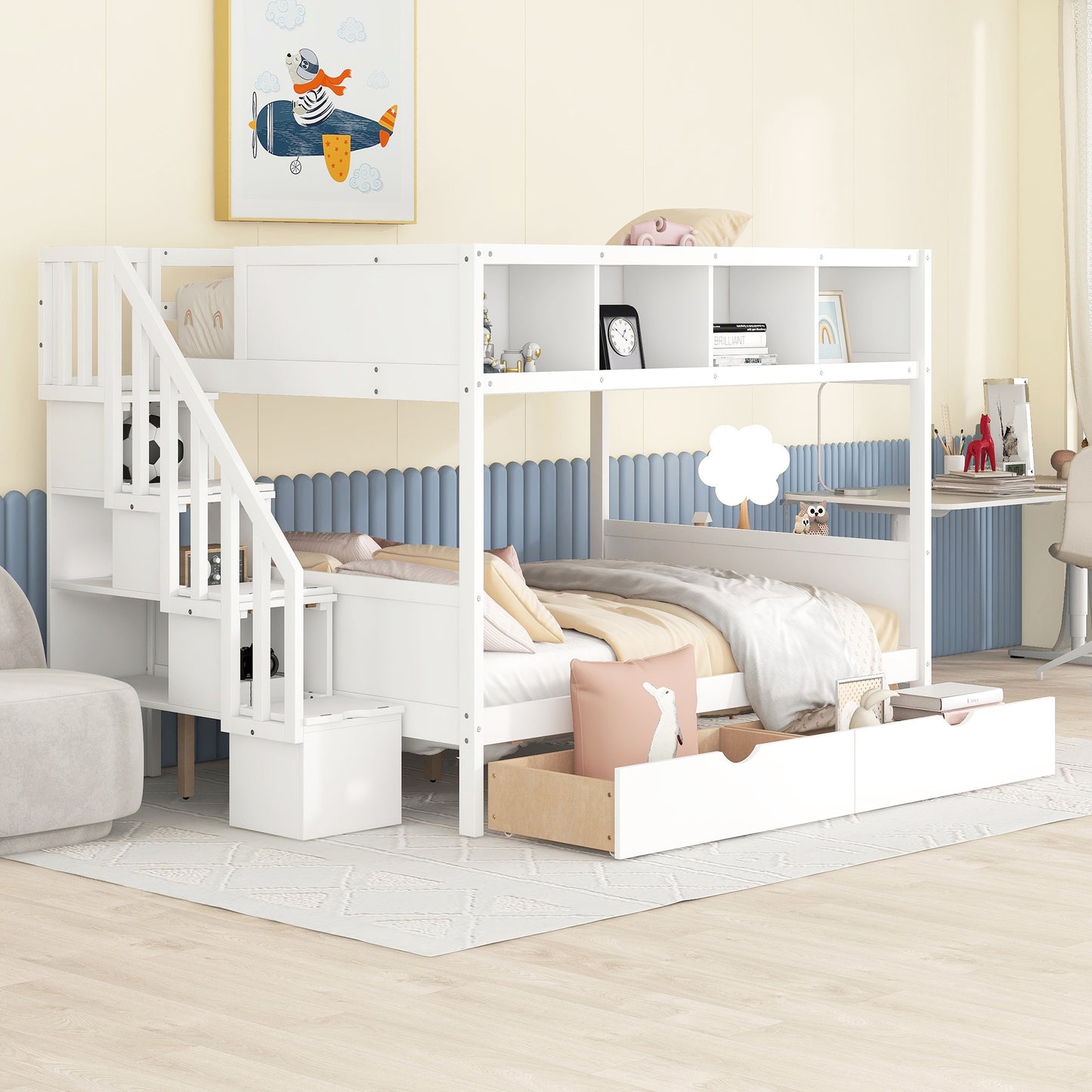 White wooden bunk bed with stairs storage shelves and dual beds for kids room