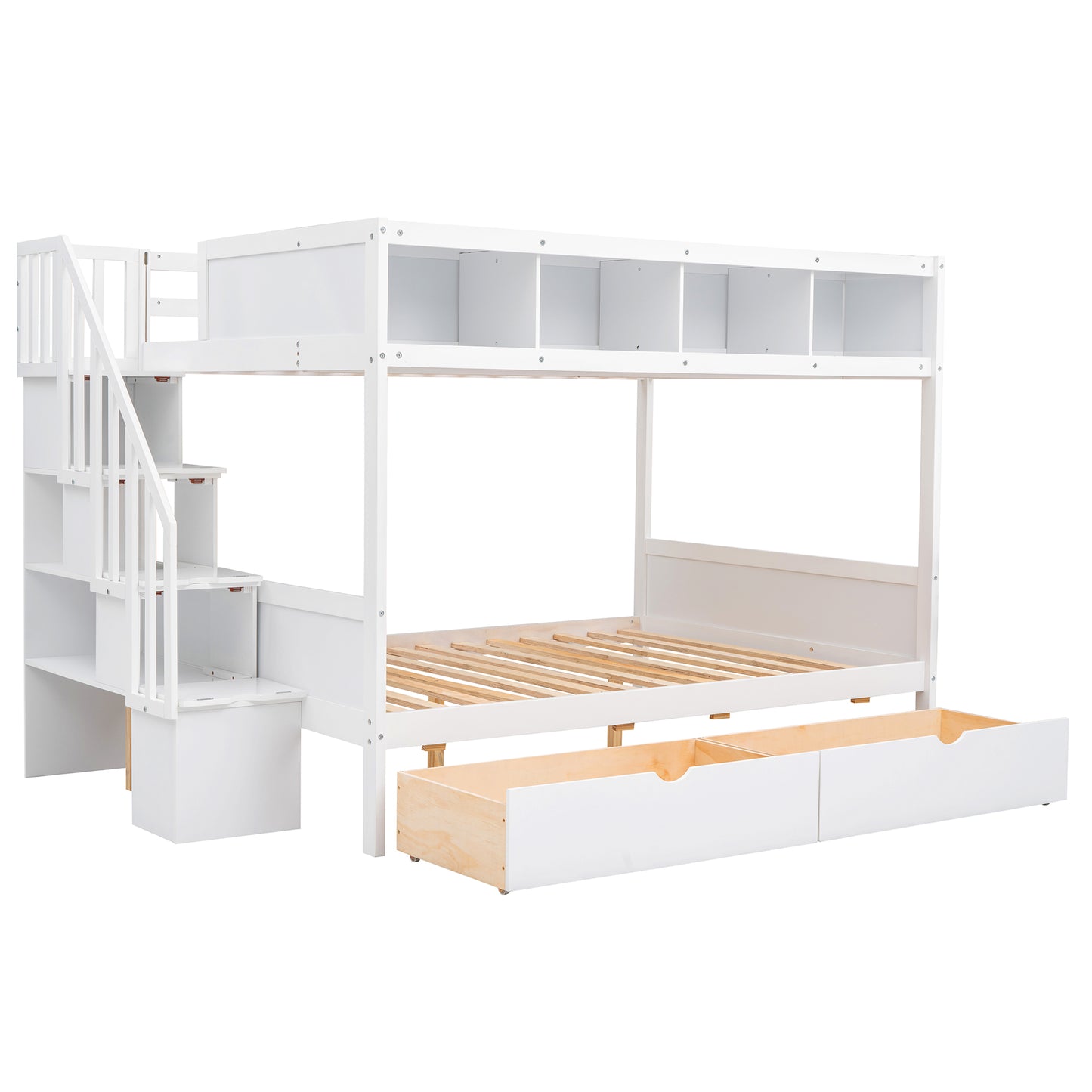 White twin over twin bunk bed with stairs and storage drawers