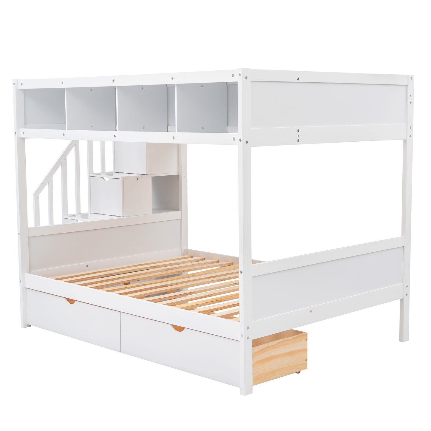 White wooden bunk bed with storage drawers and builtin shelves