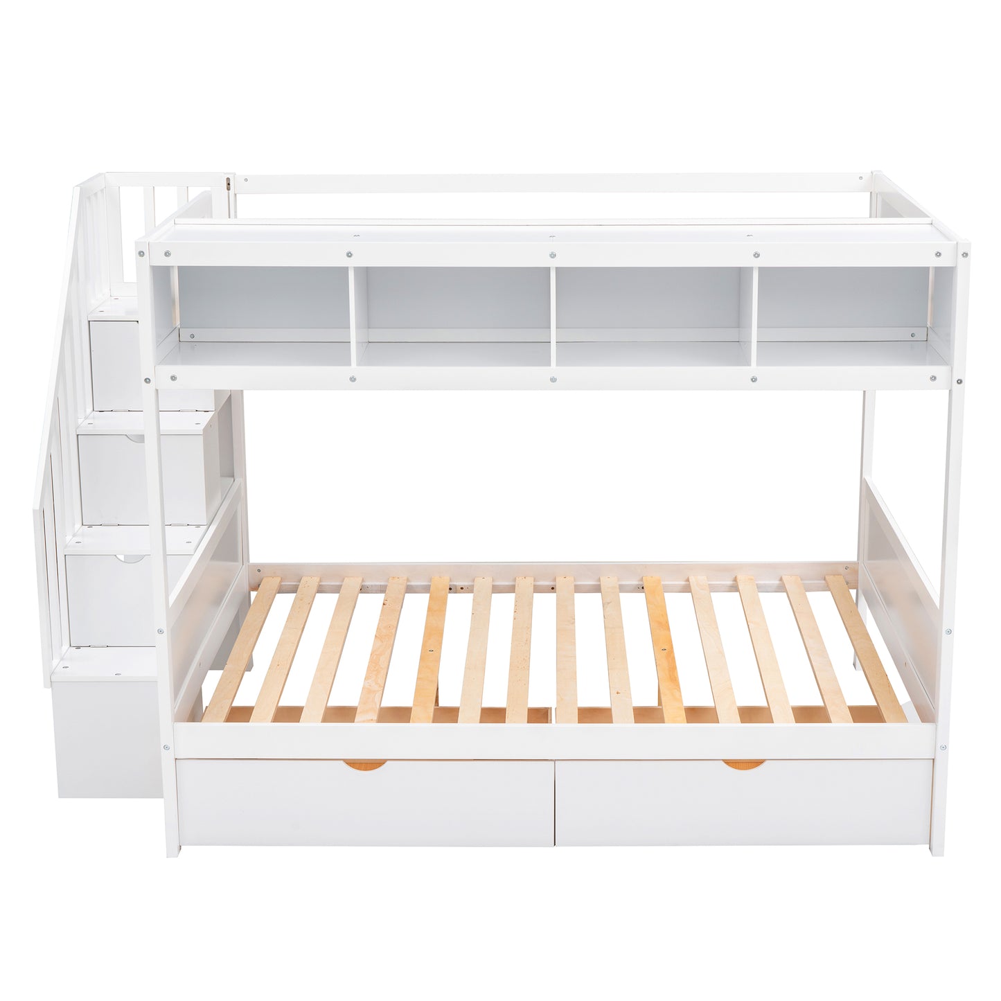 White twin over twin bunk bed with storage stairs and drawers