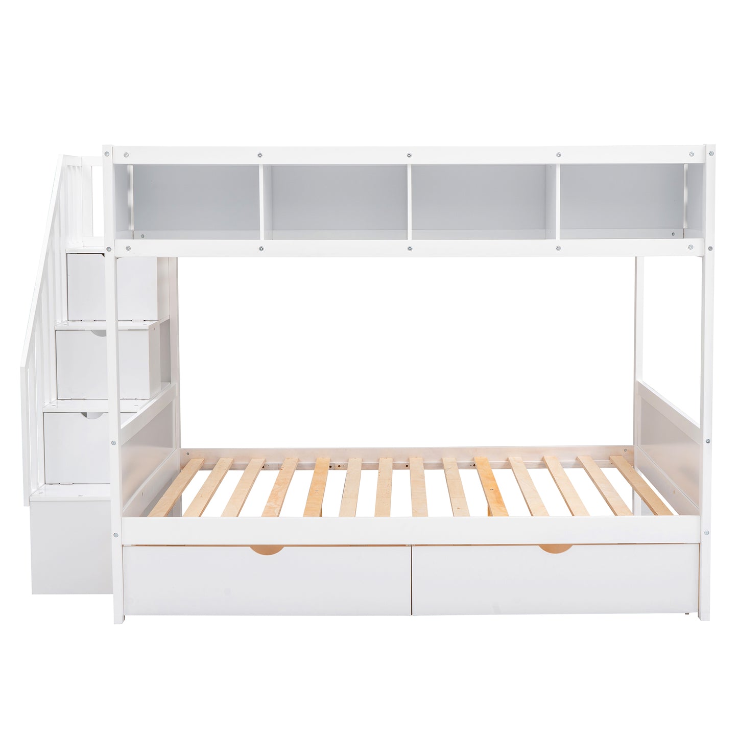White wooden bunk bed with stairs and storage drawers