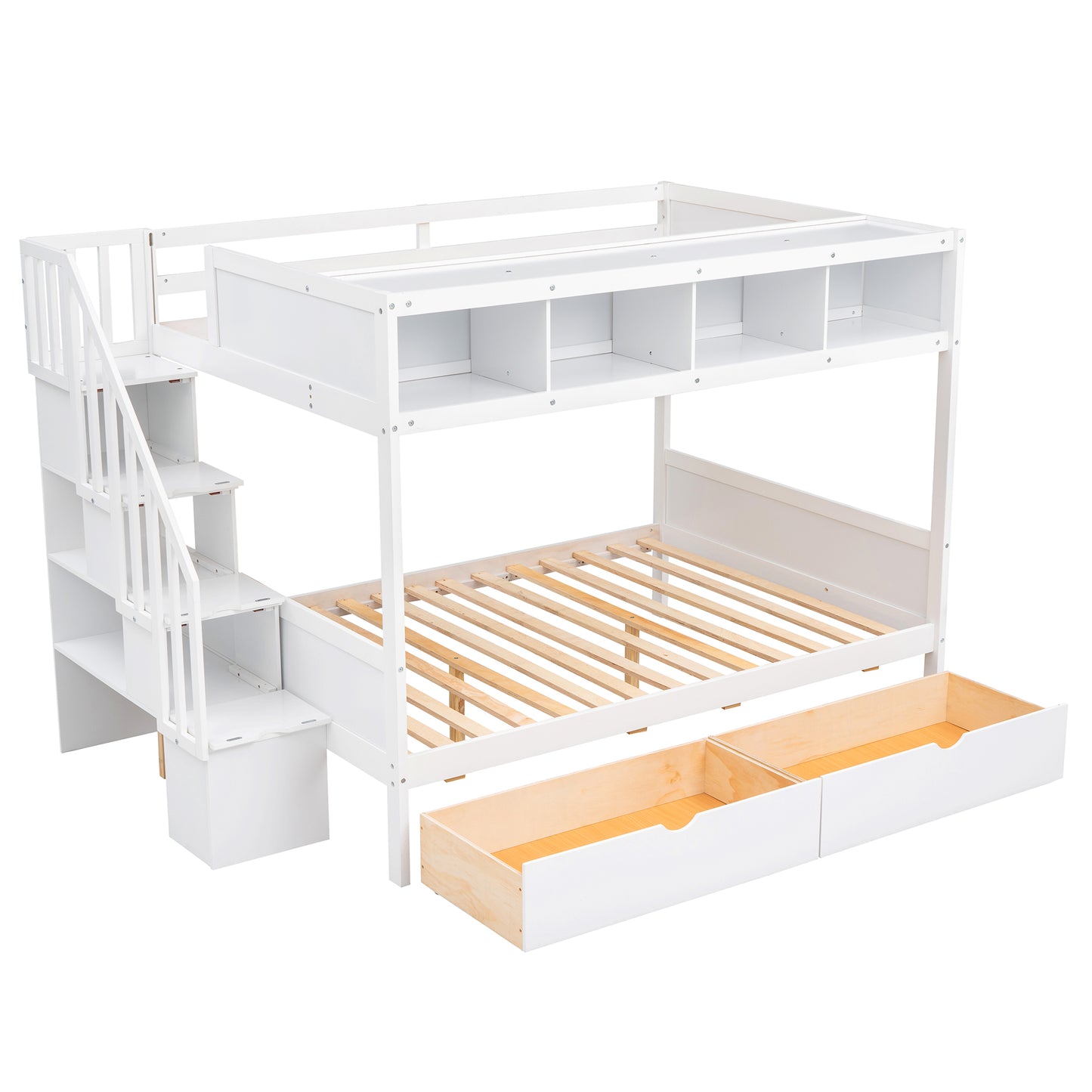 White wooden twin over twin bunk bed with stairs and storage drawers