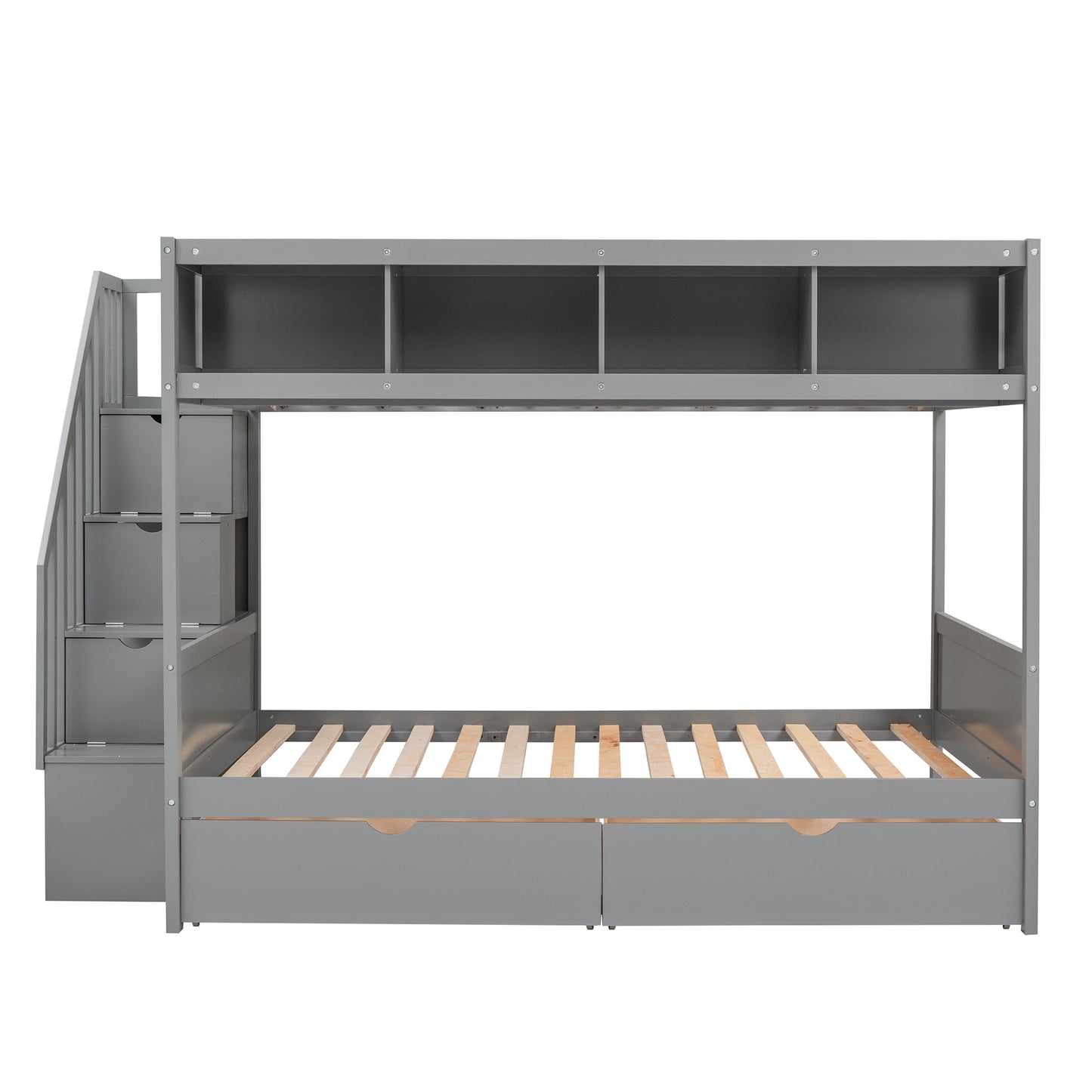 Gray wooden bunk bed with stairs and storage drawers