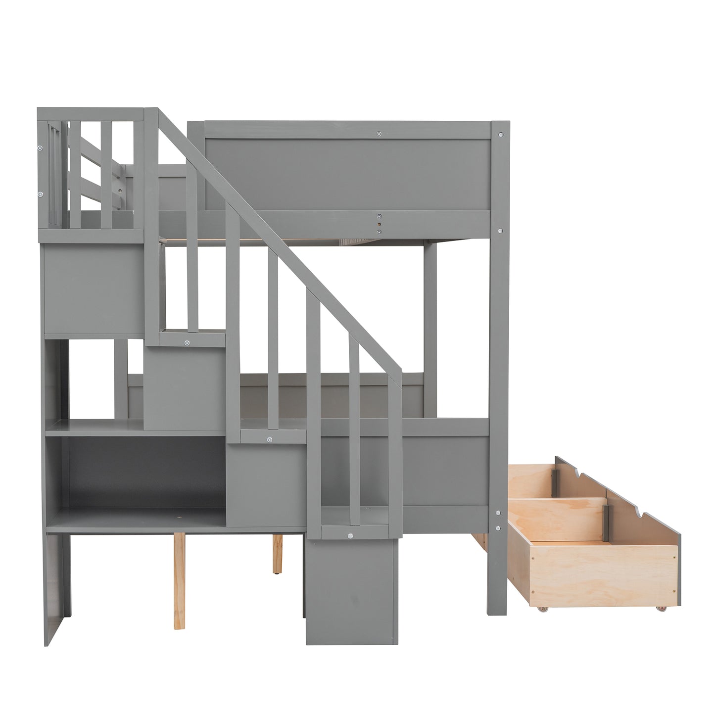 Grey wooden bunk bed with integrated stairs and storage drawers