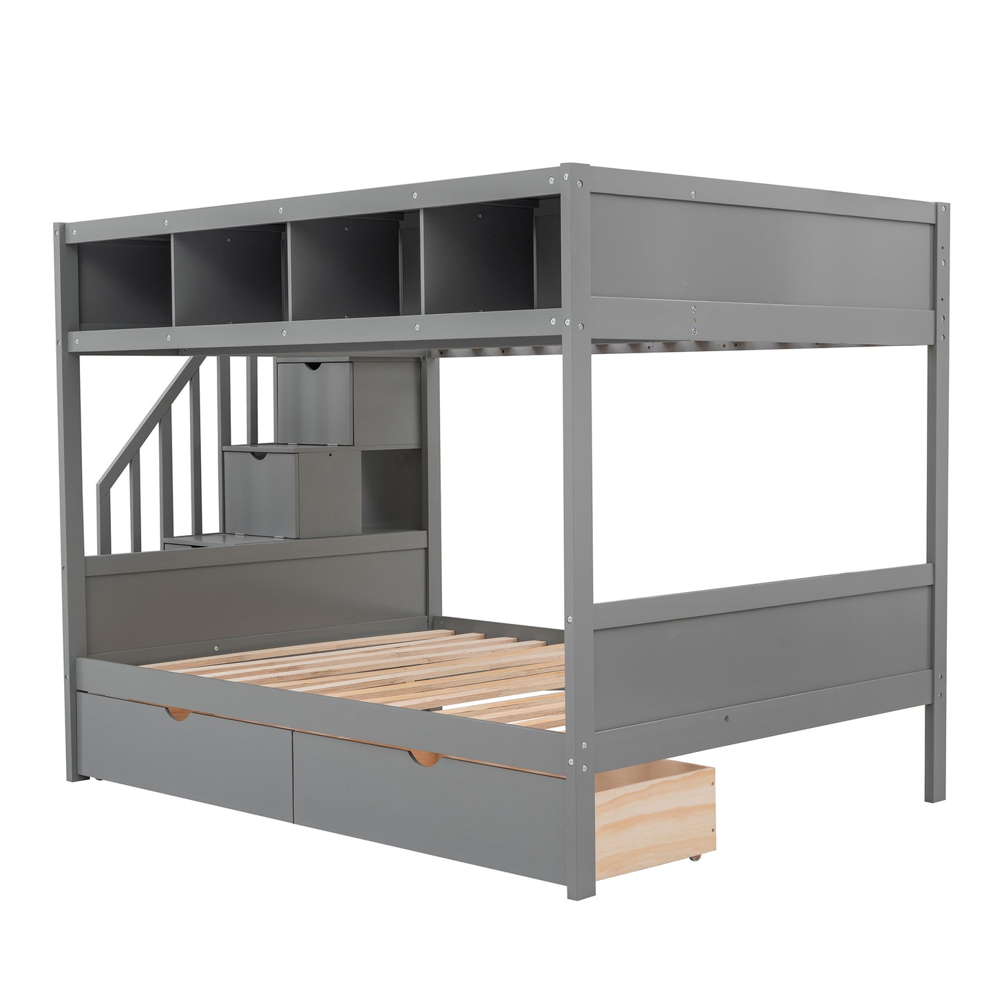 Gray wooden bunk bed with storage drawers and builtin stairs for kids room
