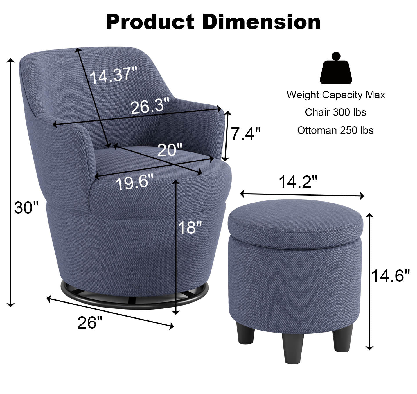 Blue upholstered swivel chair with ottoman dimensions shown