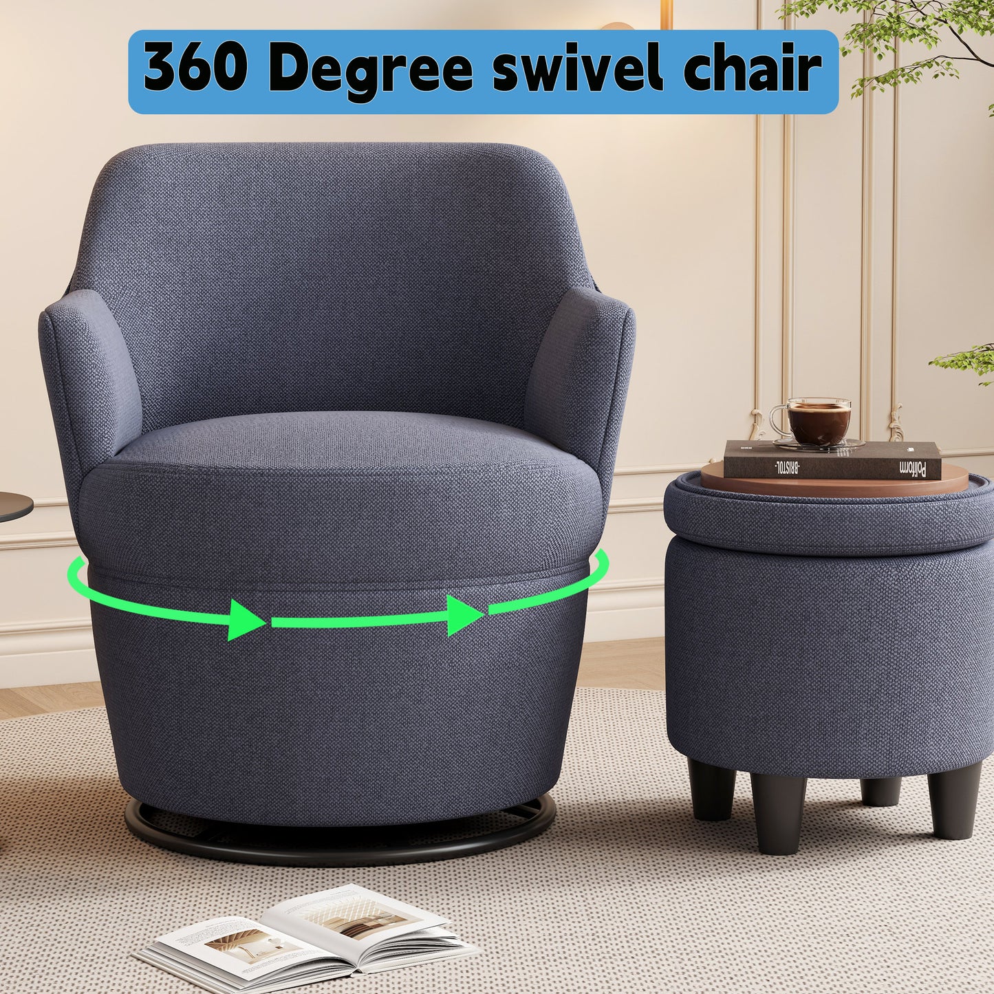 Navy blue fabric swivel chair with plush cushioning and a circular base