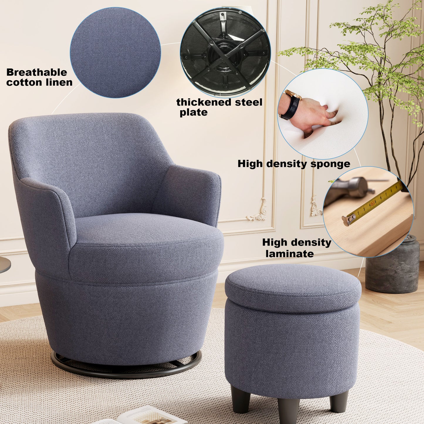 Gray swivel armchair with breathable cotton linen upholstery and a matching storage ottoman