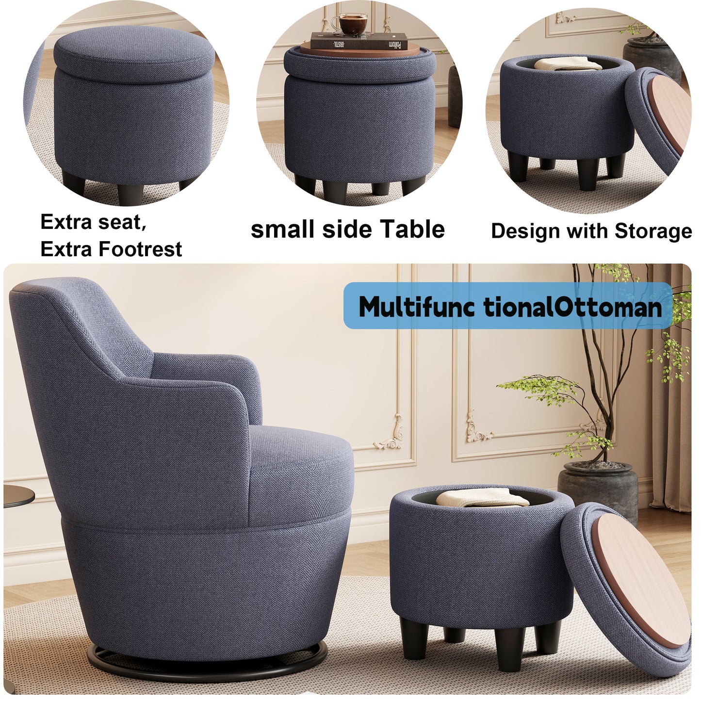 Dark grey fabric storage ottoman with wooden lid serving as footrest or seat
