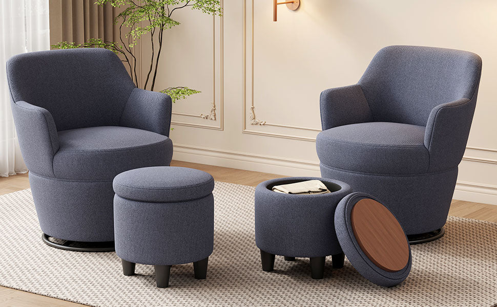 Plush navy blue swivel armchair with matching round ottoman for modern living rooms