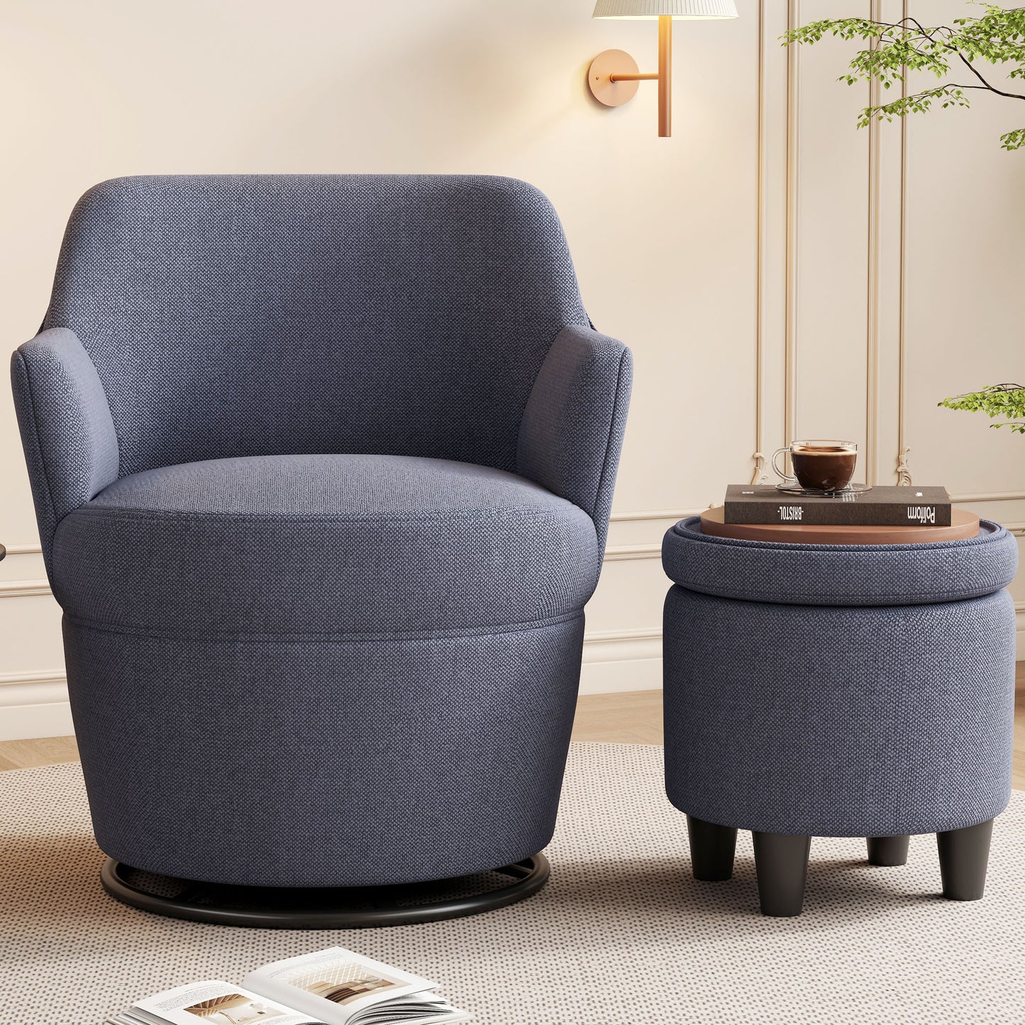 Navy blue fabric accent chair with swivel base perfect for living rooms