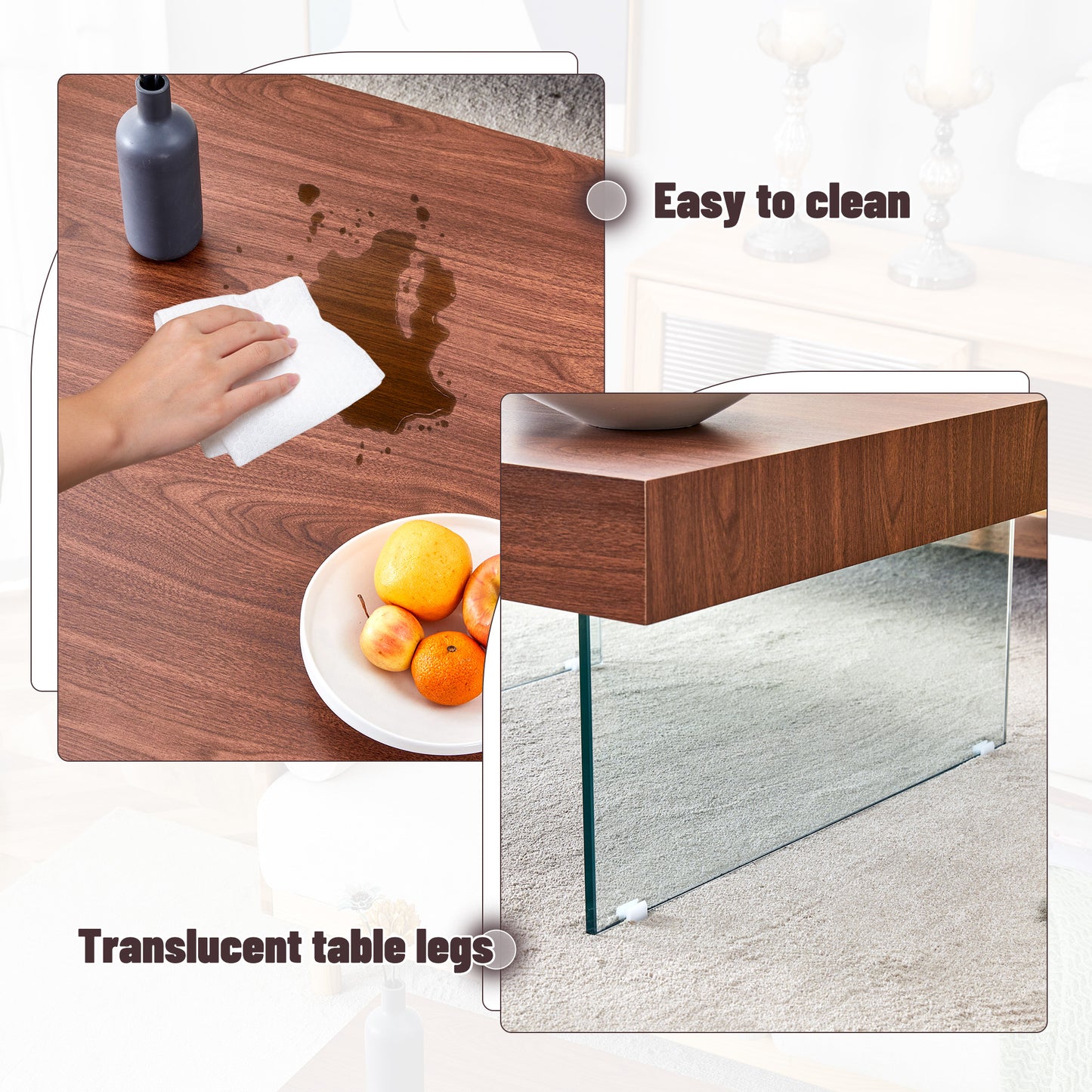 Walnut veneer coffee table surface being wiped clean with white cloth