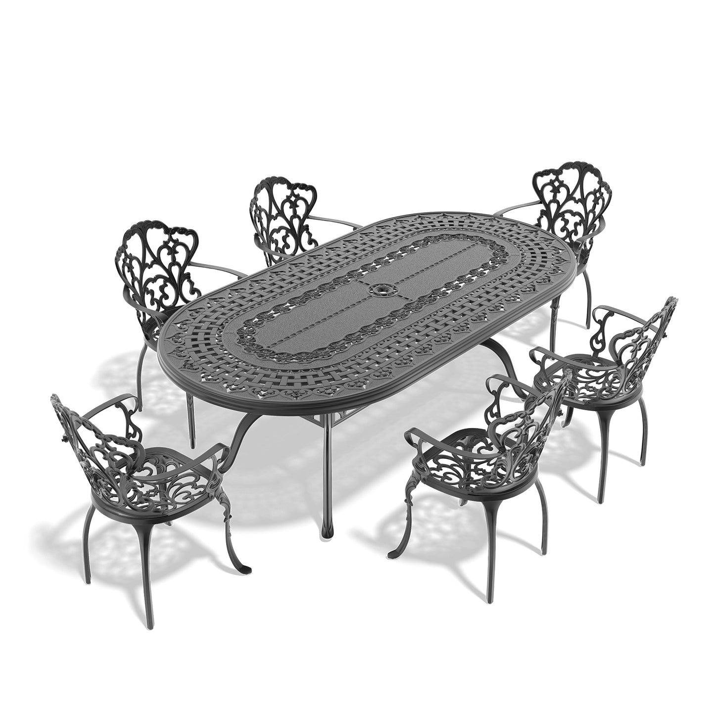 Black ornate cast aluminum patio dining set with oval table and six chairs