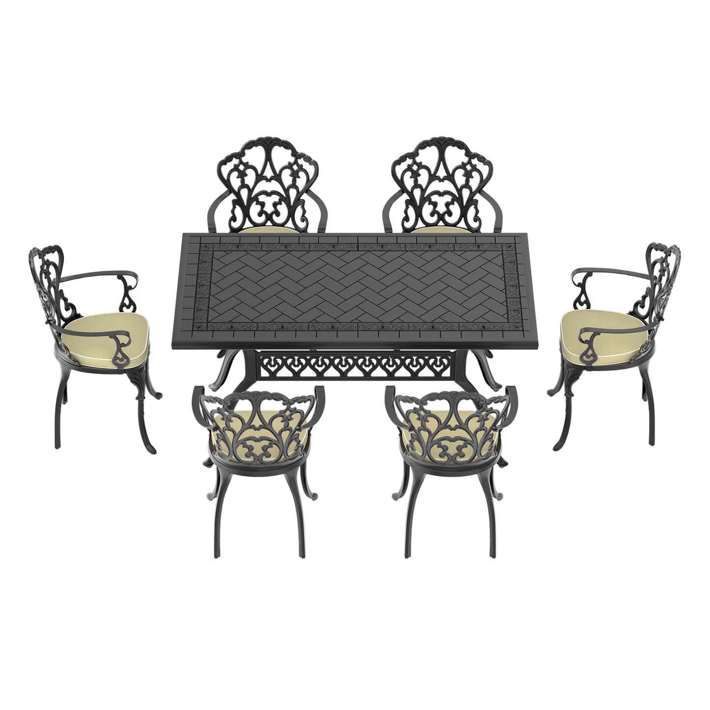 Ornate black cast iron patio dining set with tan cushions four chairs and table