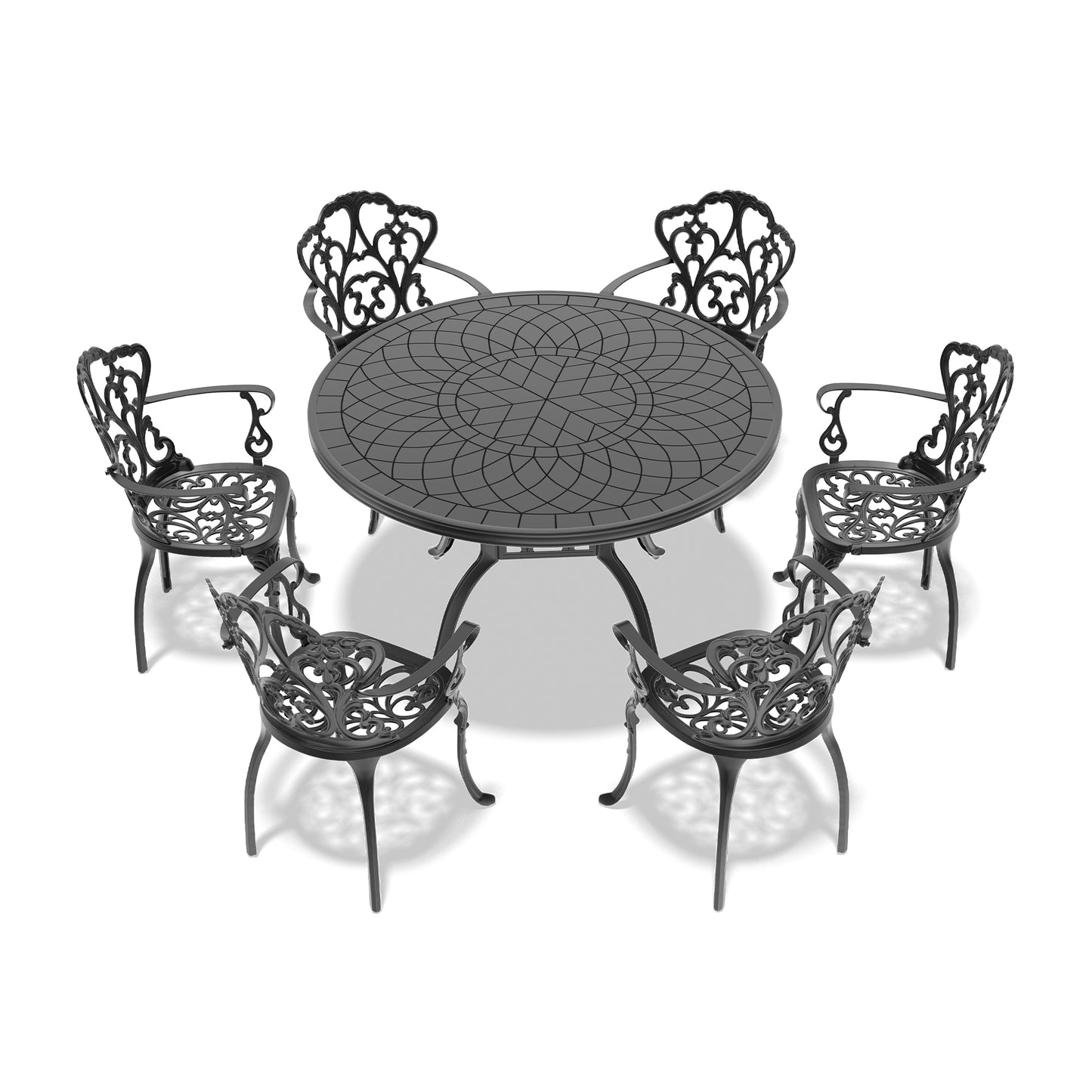Black cast iron dining set with ornate scrolled chair backs and round mosaicpatterned table