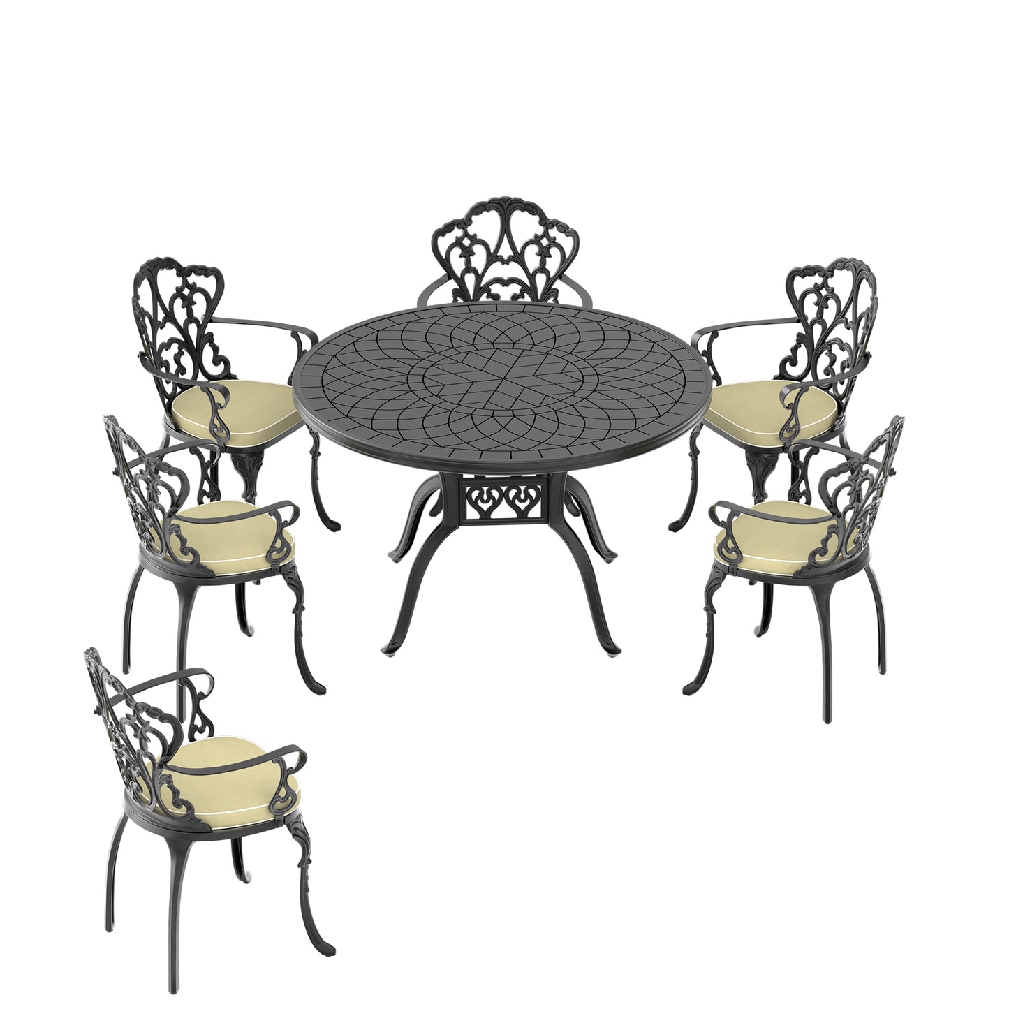 Ornate black cast iron outdoor dining set with round table and four chairs