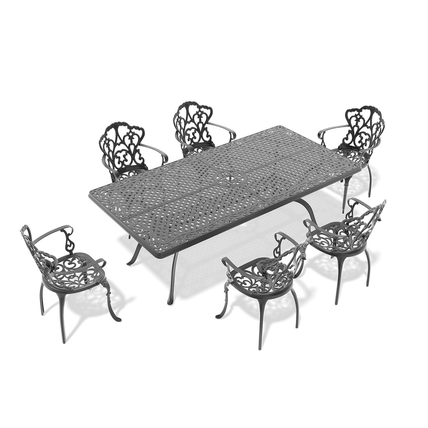 Ornate black cast iron dining set with rectangular table and six chairs for outdoor use