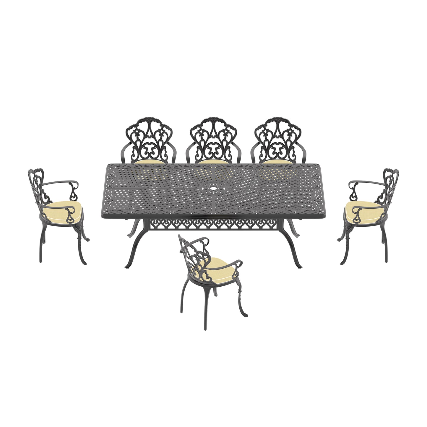 Ornate black cast aluminum patio dining set with yellow cushions and a central umbrella hole