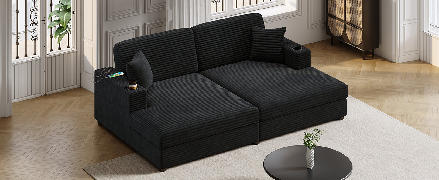 Black corduroy sectional sofa with builtin USB charger and cup holders