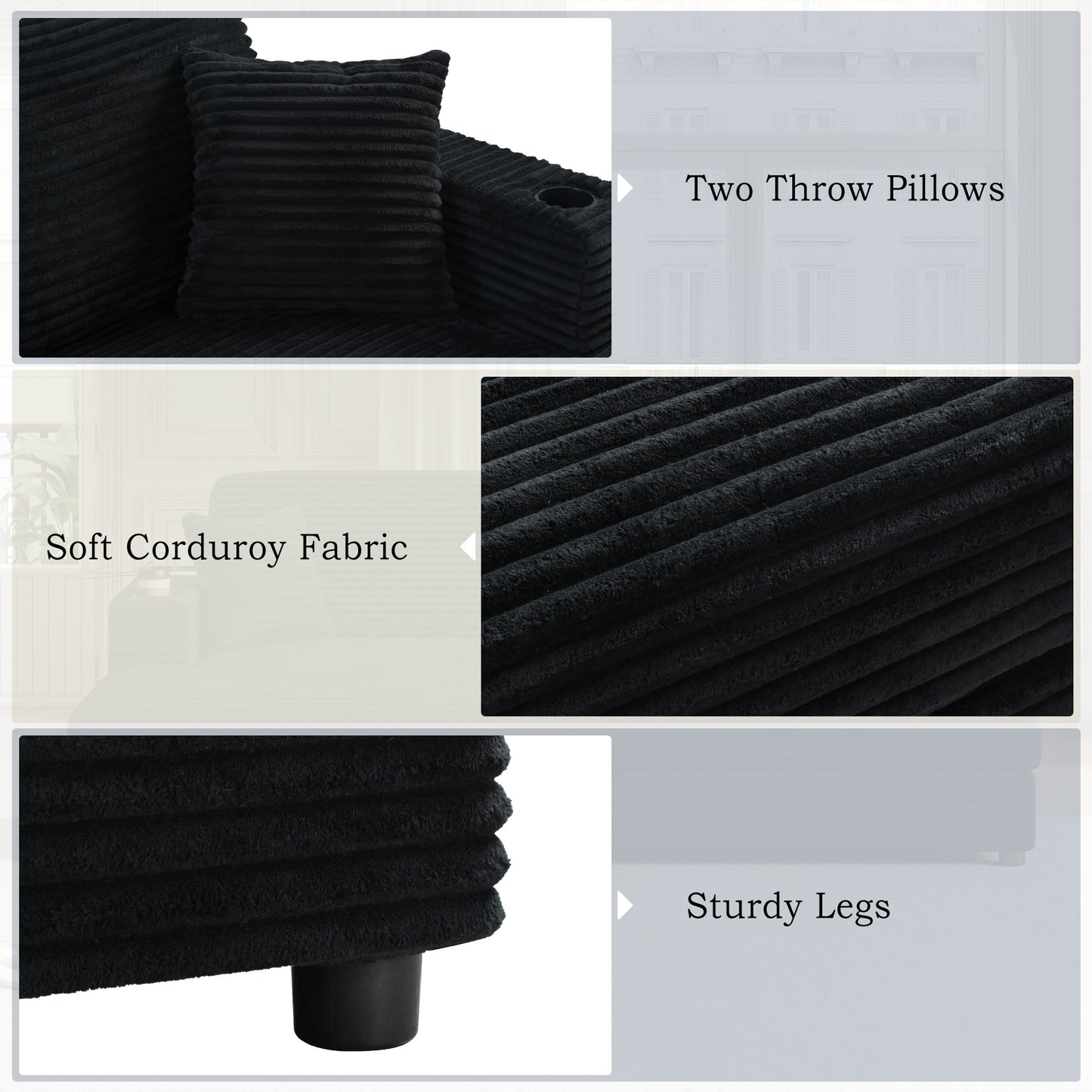 Black corduroy sofa with two matching throw pillows and a builtin cup holder