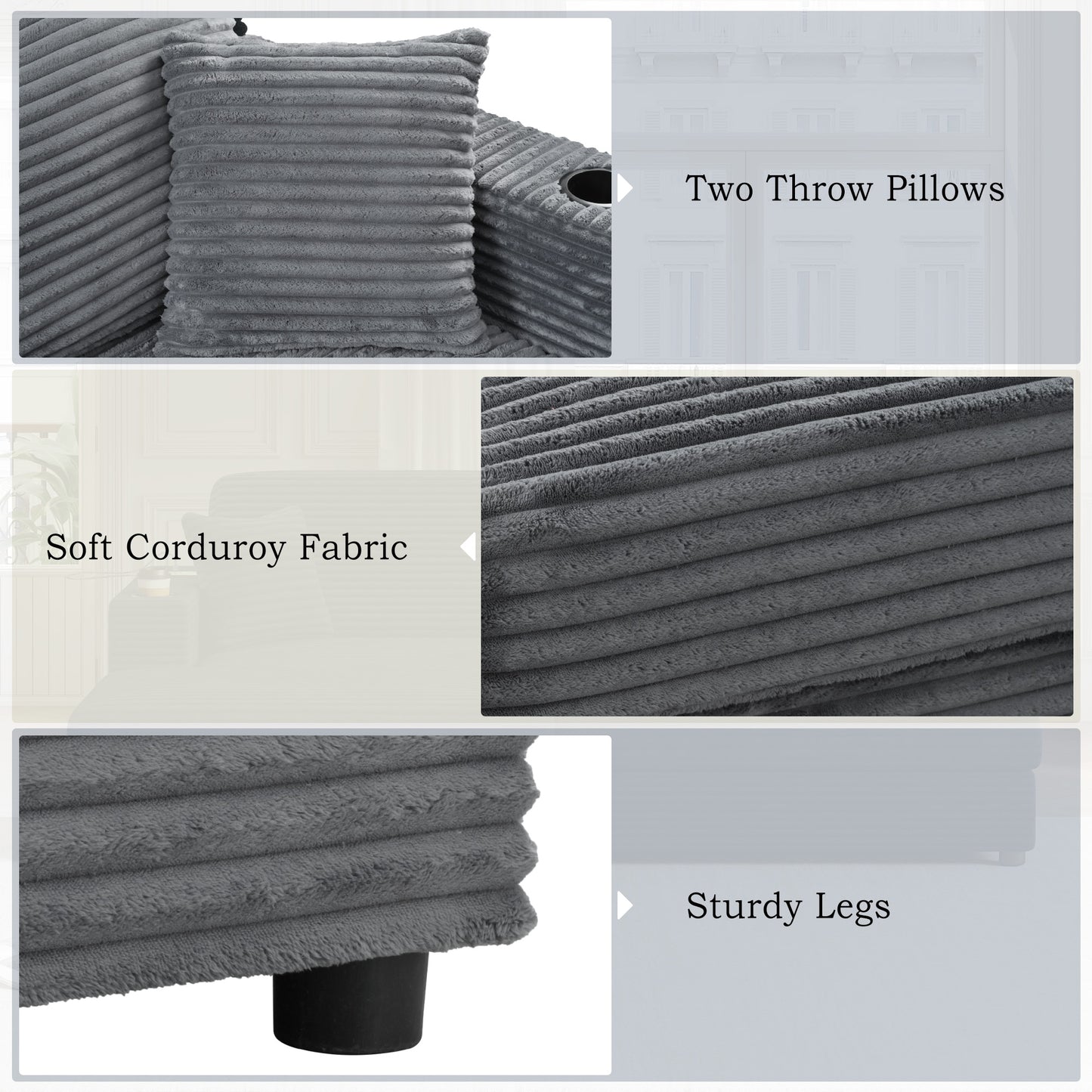 Gray corduroy throw pillows with plush texture sold as a pair
