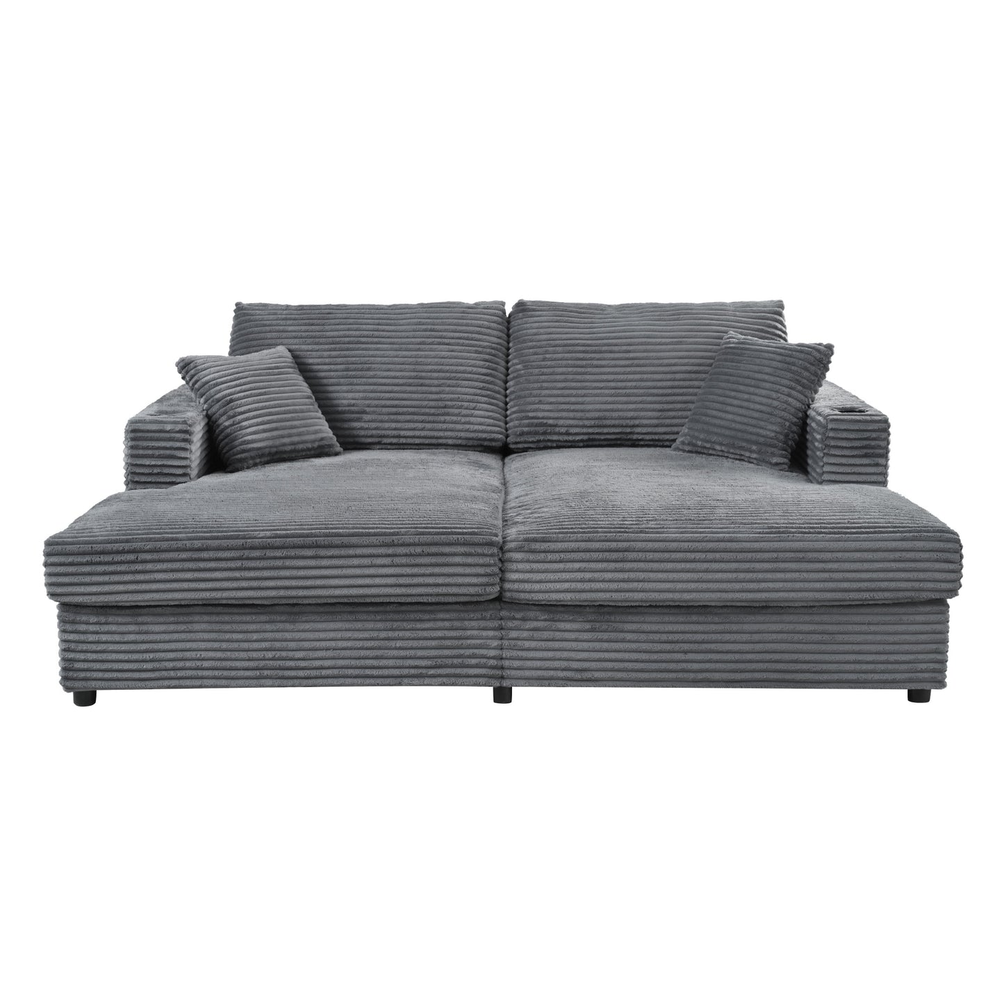 Grey corduroy chaise sofa with plush cushions perfect for living room comfort
