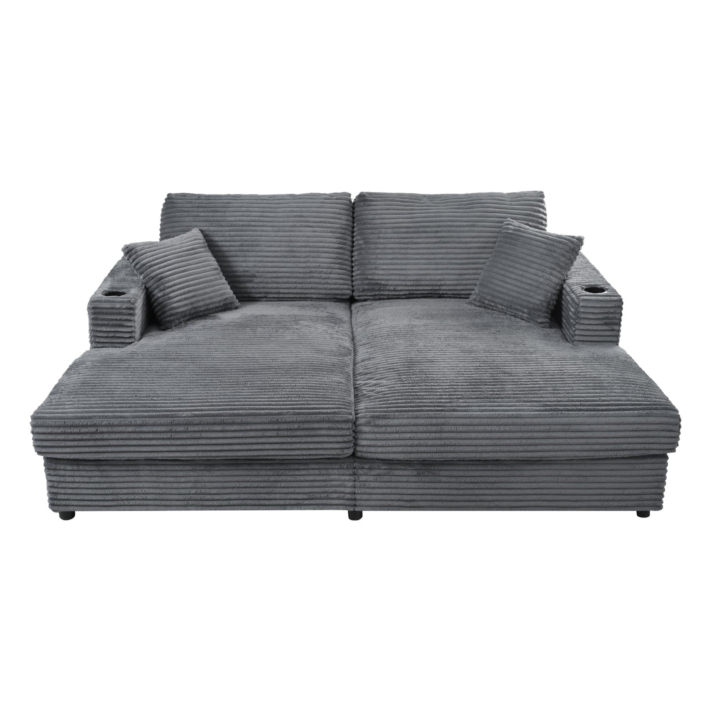 Plush grey corduroy sofa with chaise and two cup holders perfect for modern living rooms