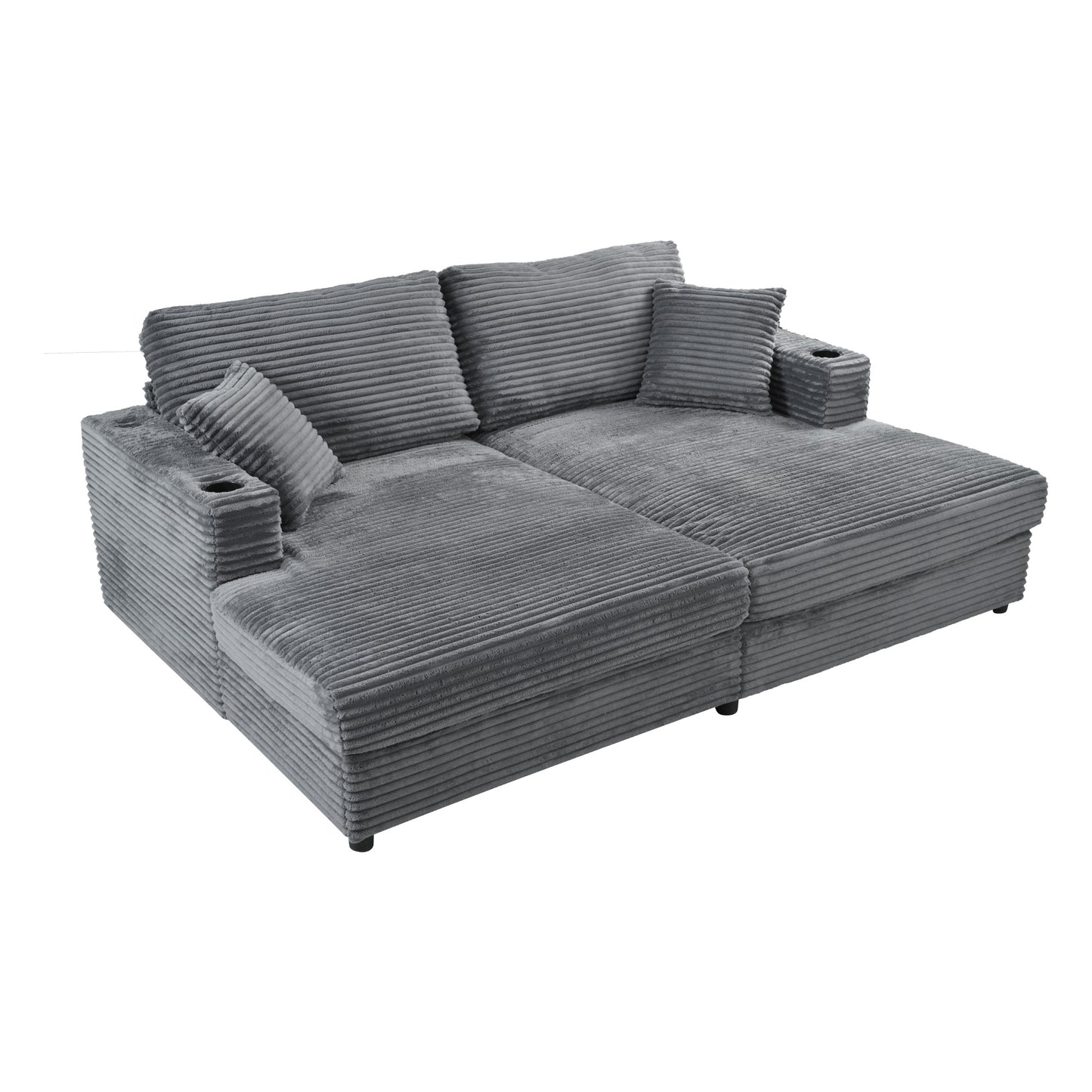 Gray corduroy sectional sofa with cup holders and accent pillows perfect for living rooms