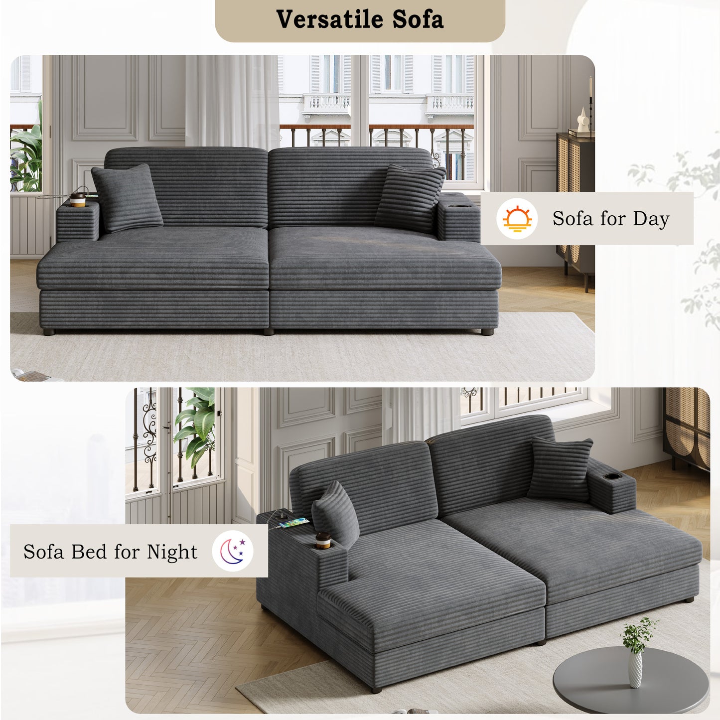 Dark gray corduroy sectional sofa with integrated cup holder perfect for living rooms