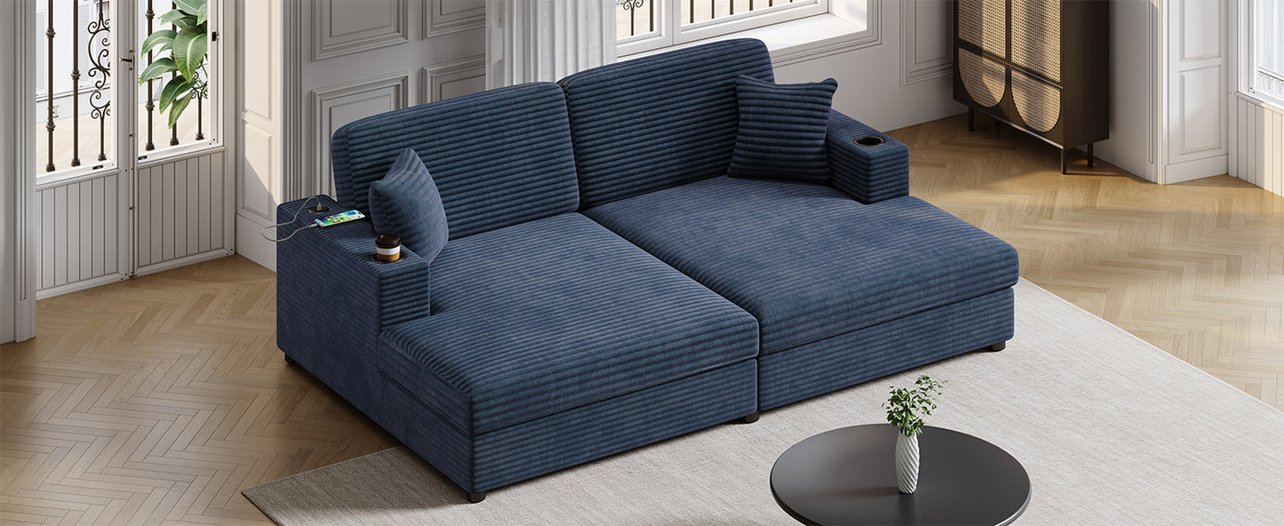 Modular navy blue corduroy sectional sofa with builtin USB charger and cup holder