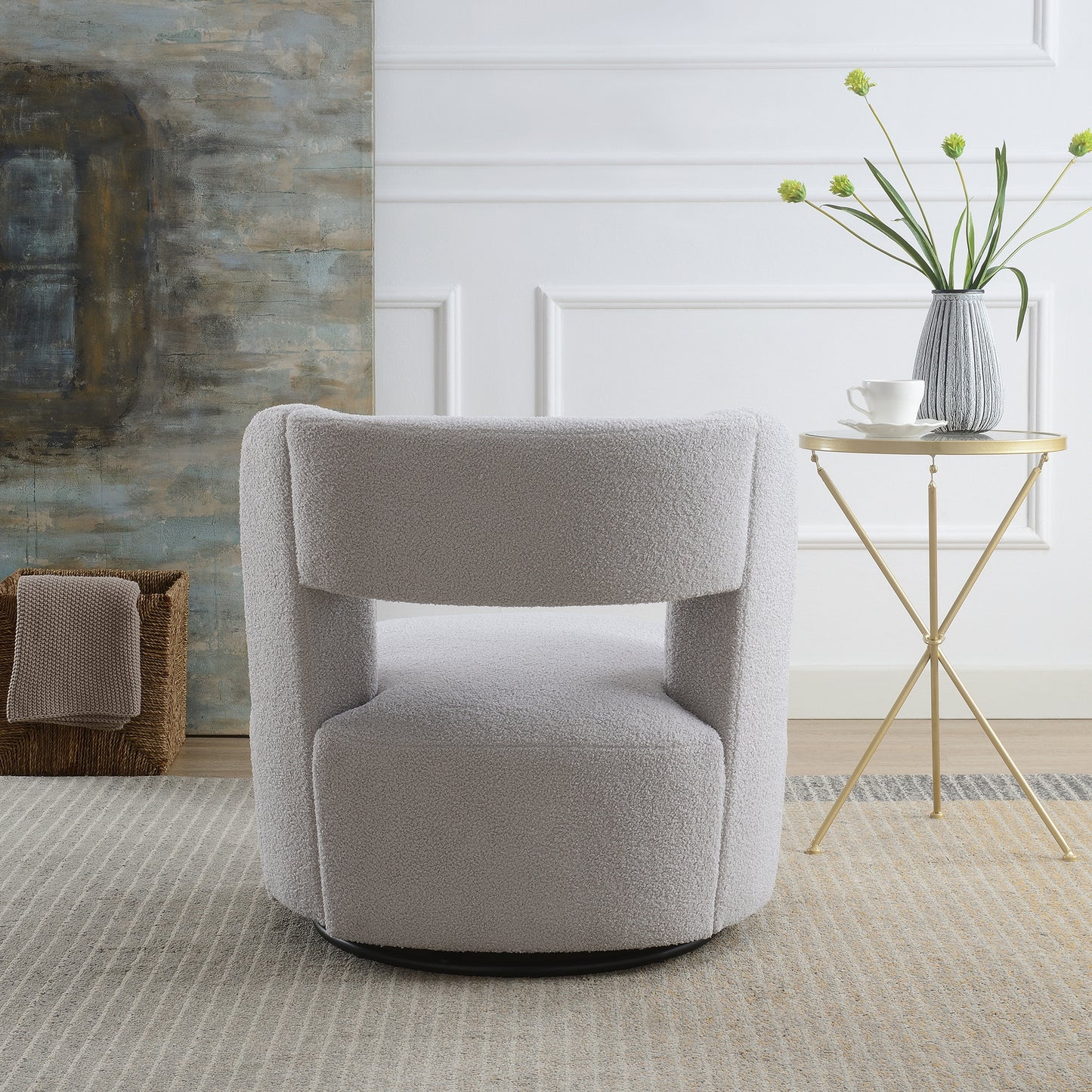 Light grey boucle fabric swivel accent chair with plush texture